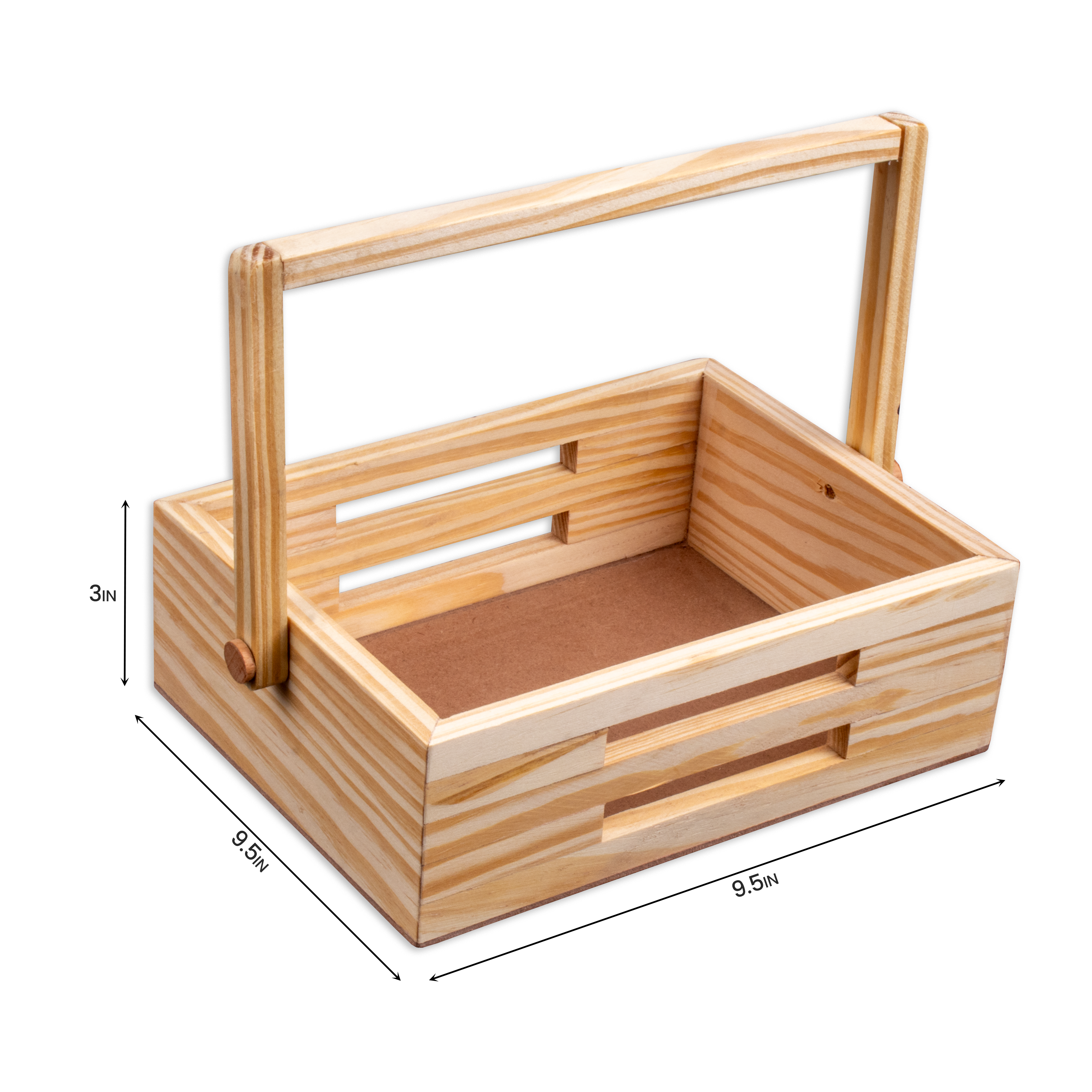 Wooden Basket with Handle - Pinewood, Approx L9.5in x W9.5in x H3in, 1 pc