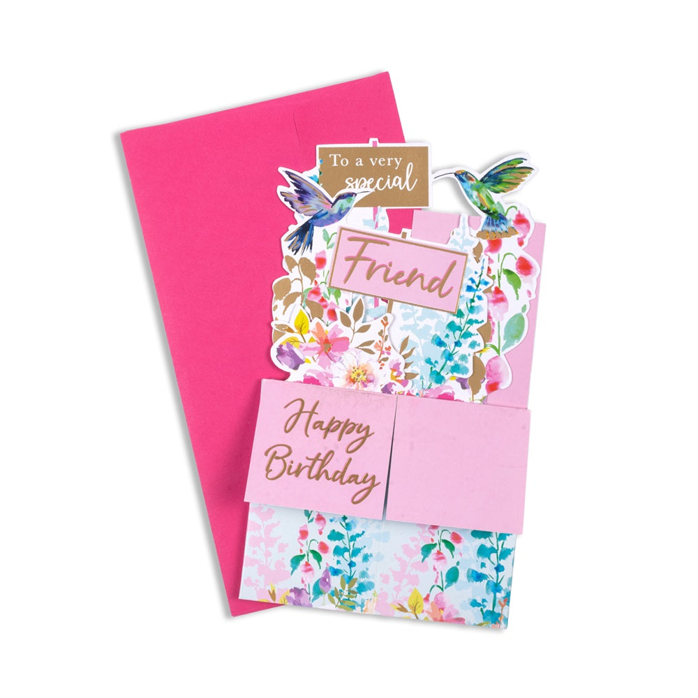 3D Pop Up Greeting Card & Envelope - Happy Birthday Friend | Hummingbirds Theme