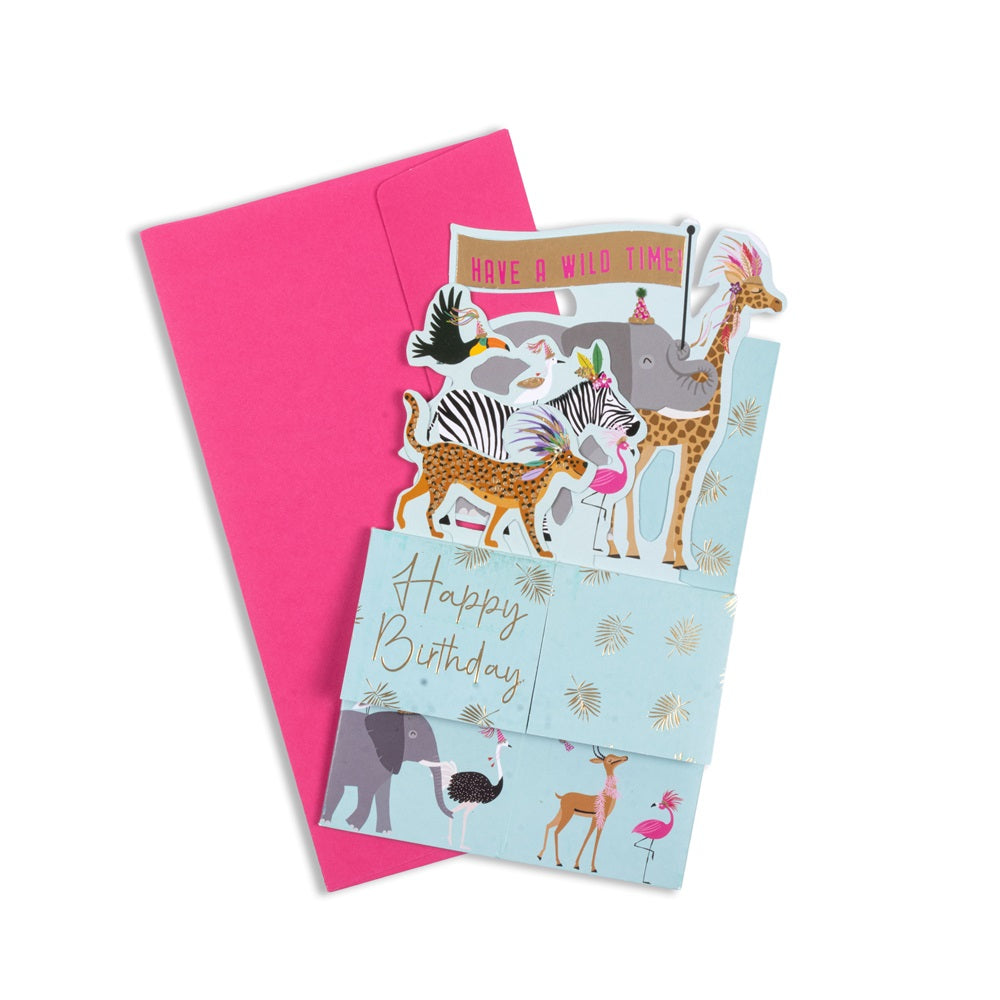 3D Pop Up Greeting Card & Envelope - Happy Birthday | Party Animals Theme