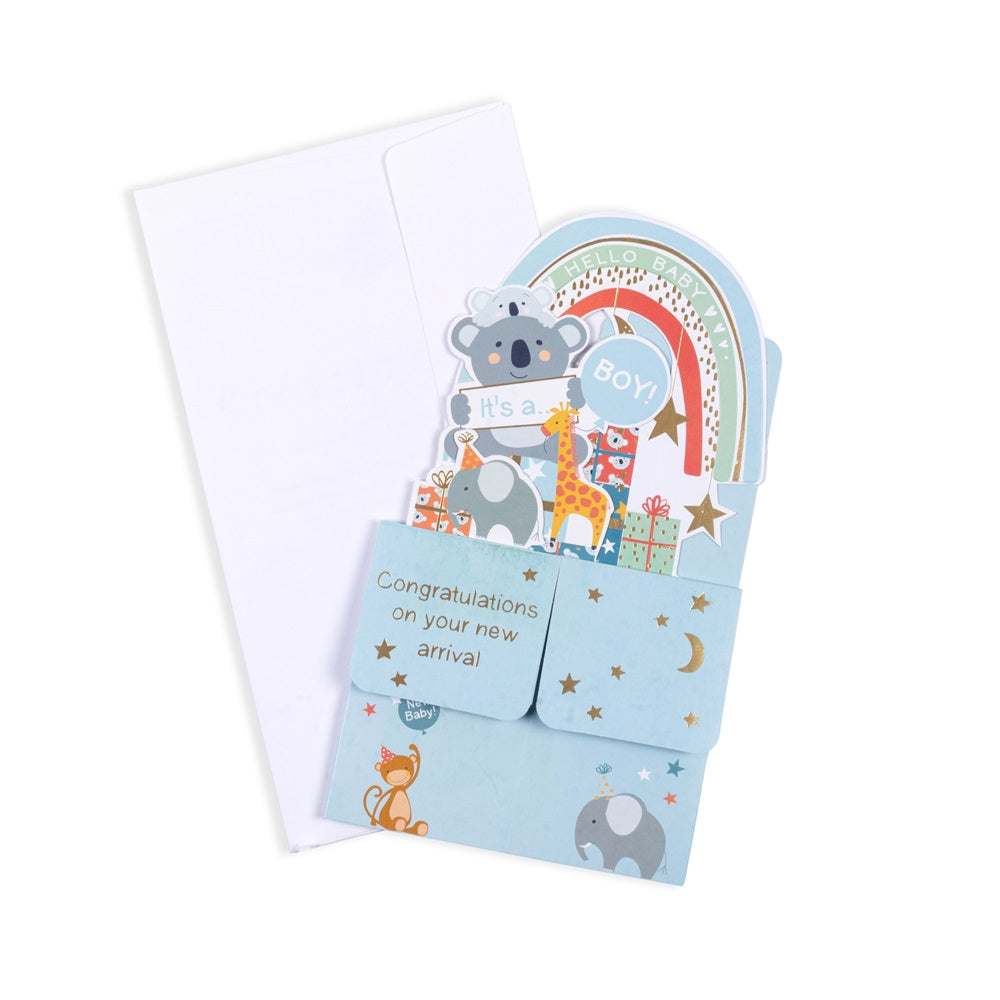 3D Pop Up Greeting Card & Envelope - Baby Boy Arrival