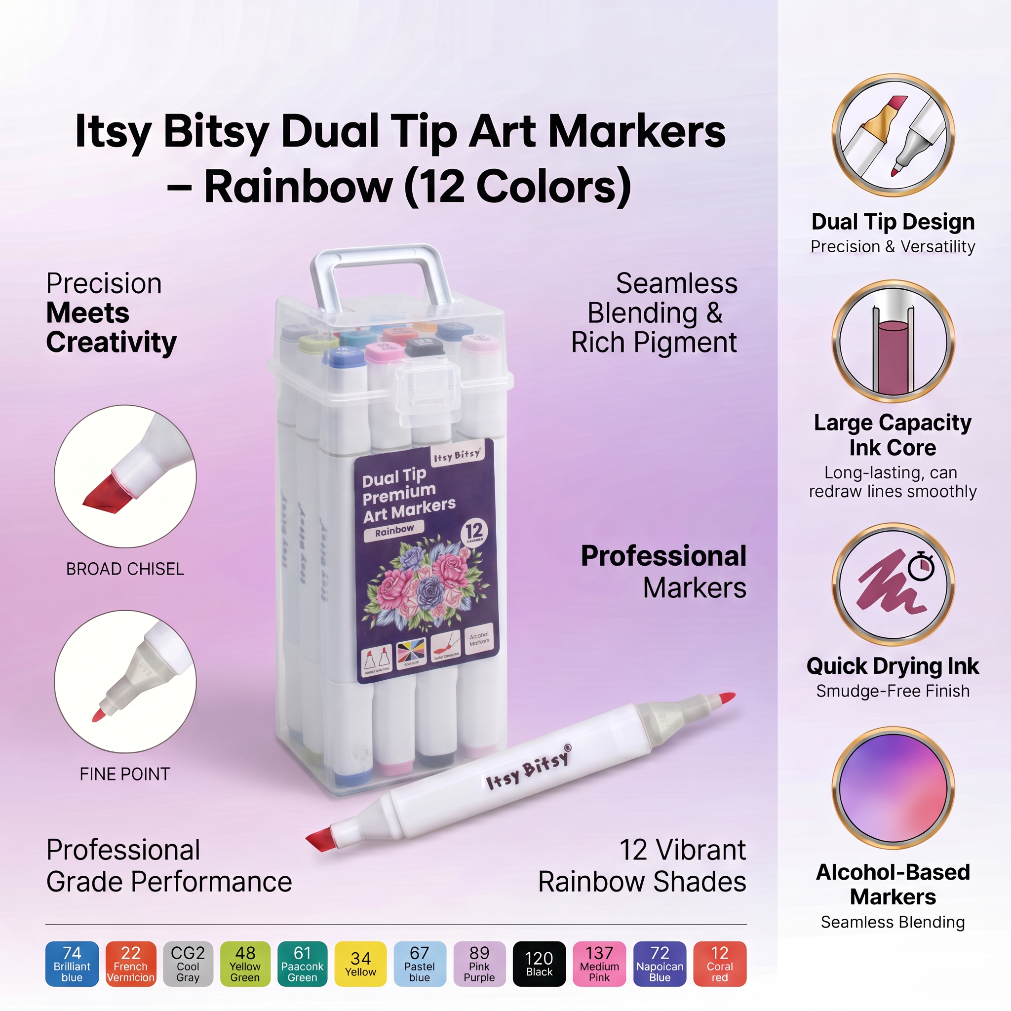 Alcohol Marker Dual Tip Bright Colour 12pcs Box