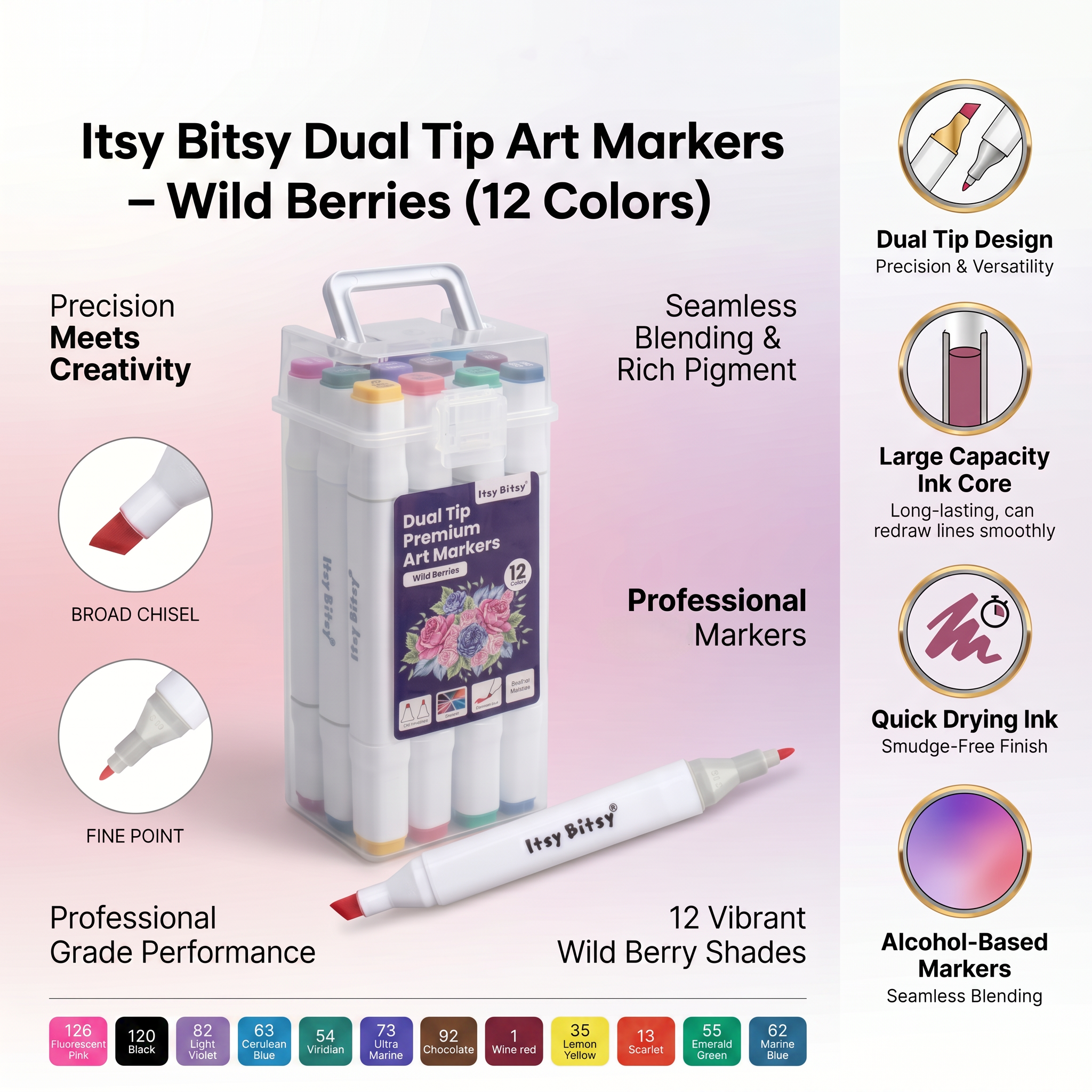 Alcohol Marker Dual Tip Pastel Colour 12pcs Box