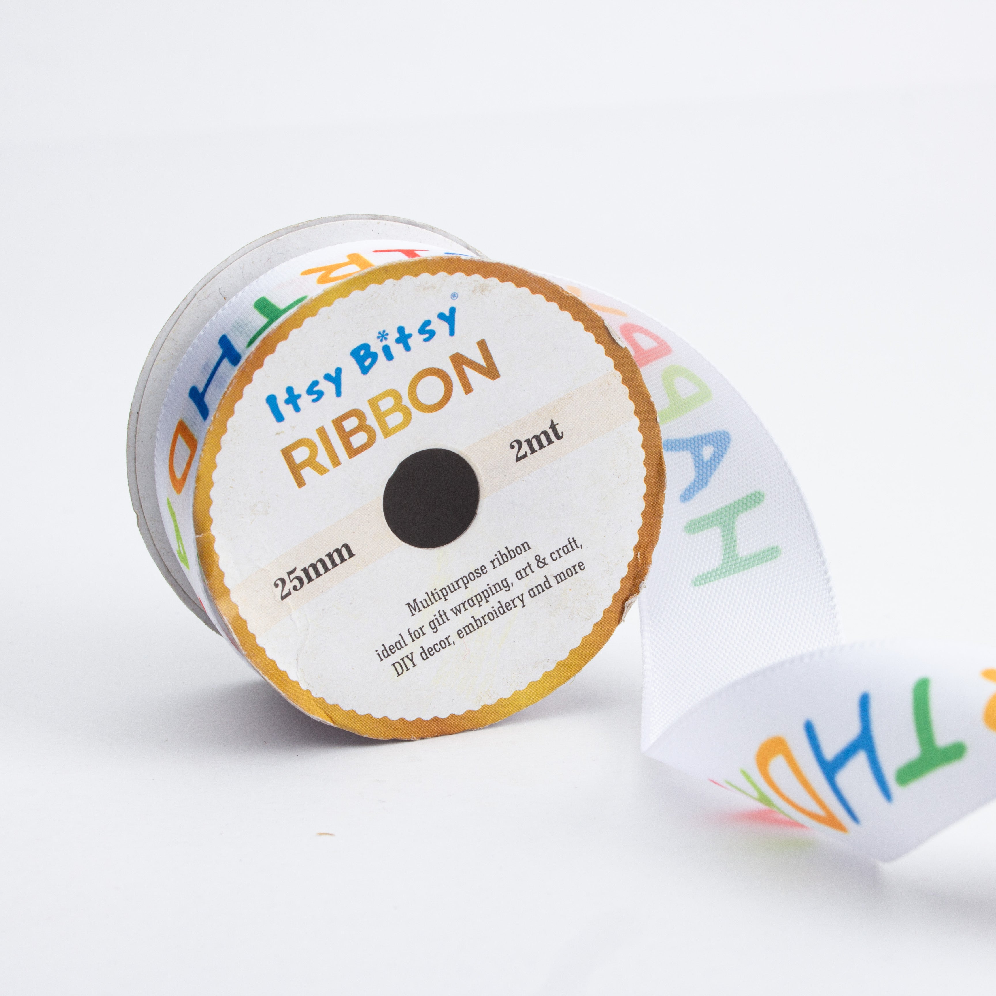 Happy Birthday Multi-colour Printed White Stain Ribbon 25mm 2mtr