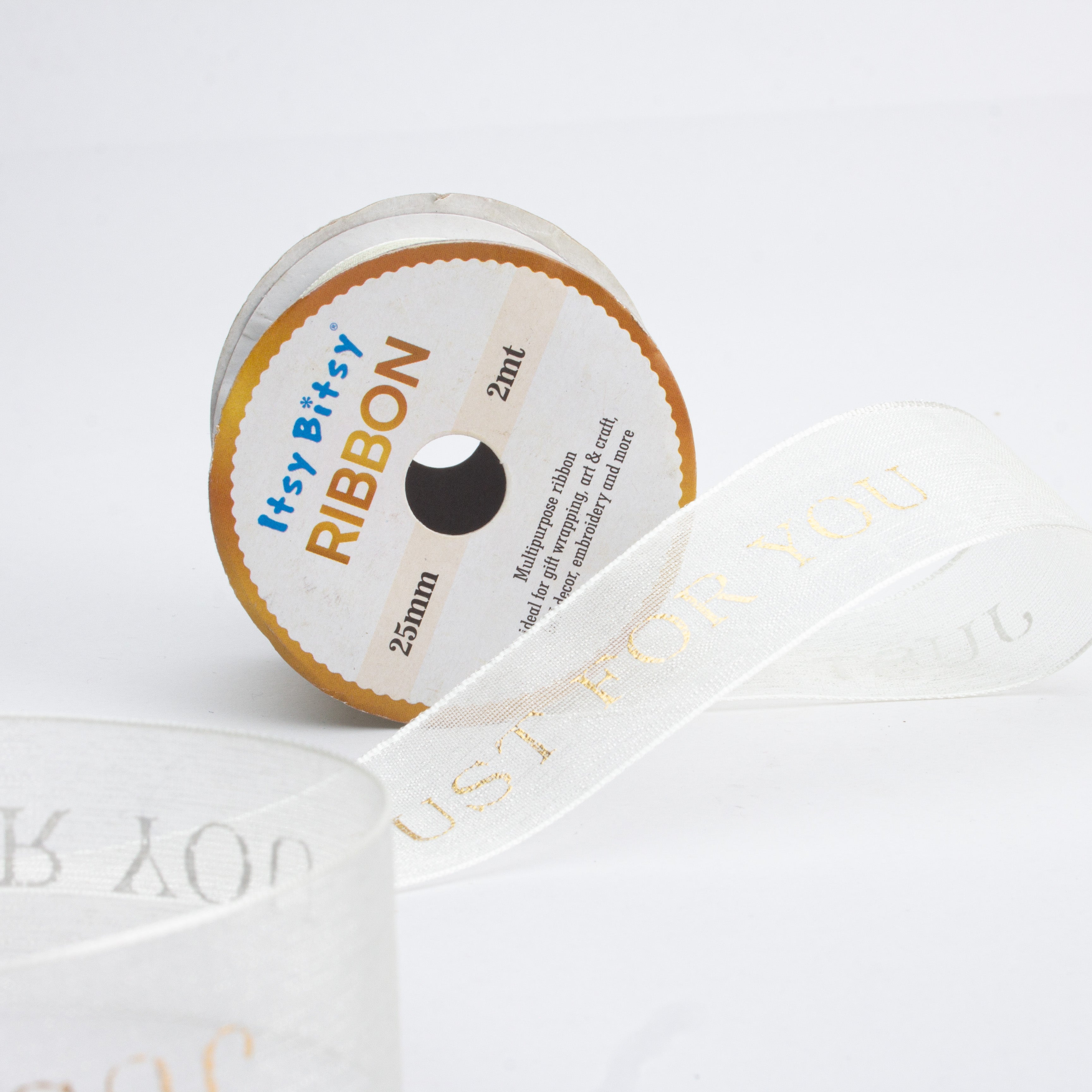 Gold Printed Just for You Organza Ribbon Cream Colour 25mm 2mtr