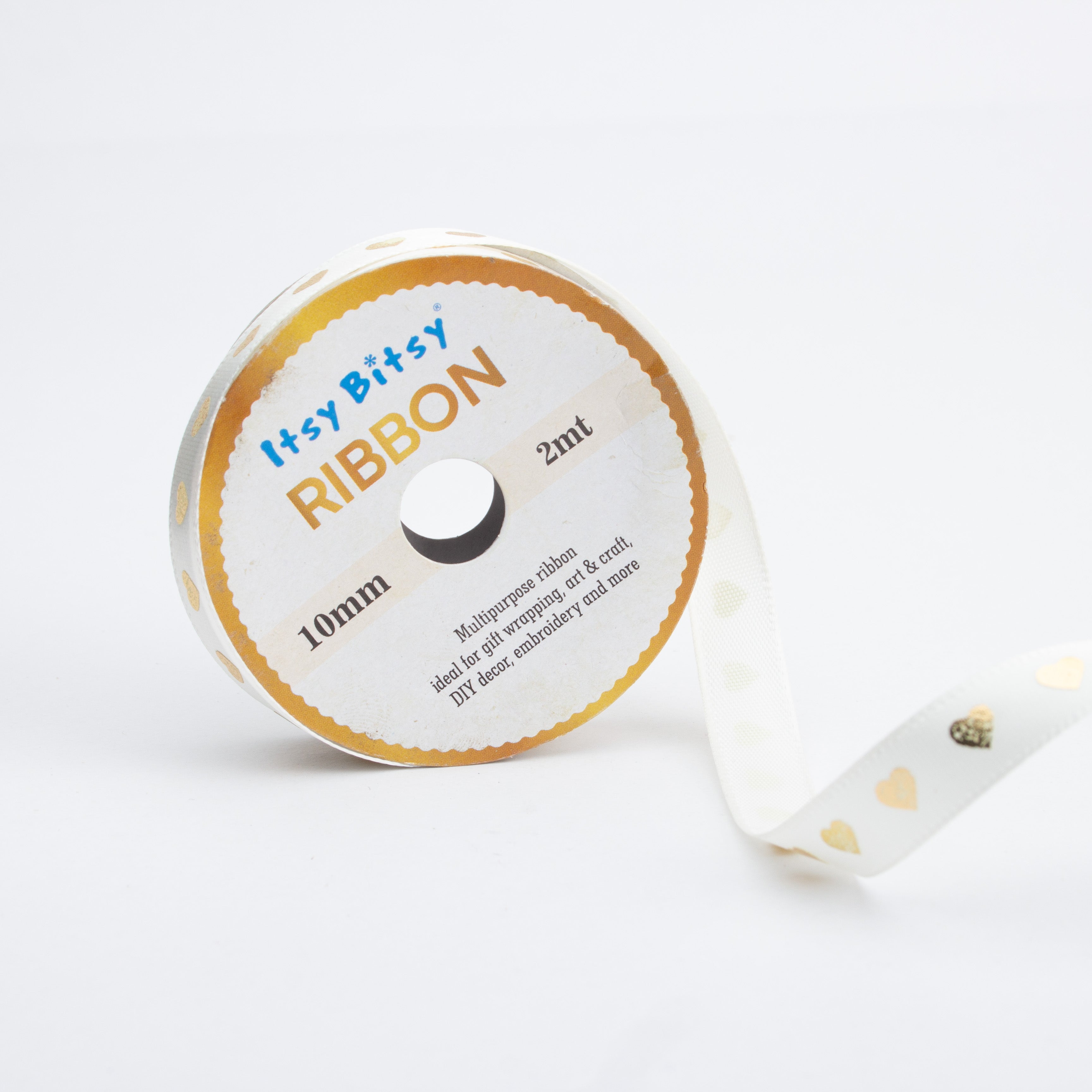 Gold Heart Printed Stain Ribbon Cream Colour 10mm 2mtr