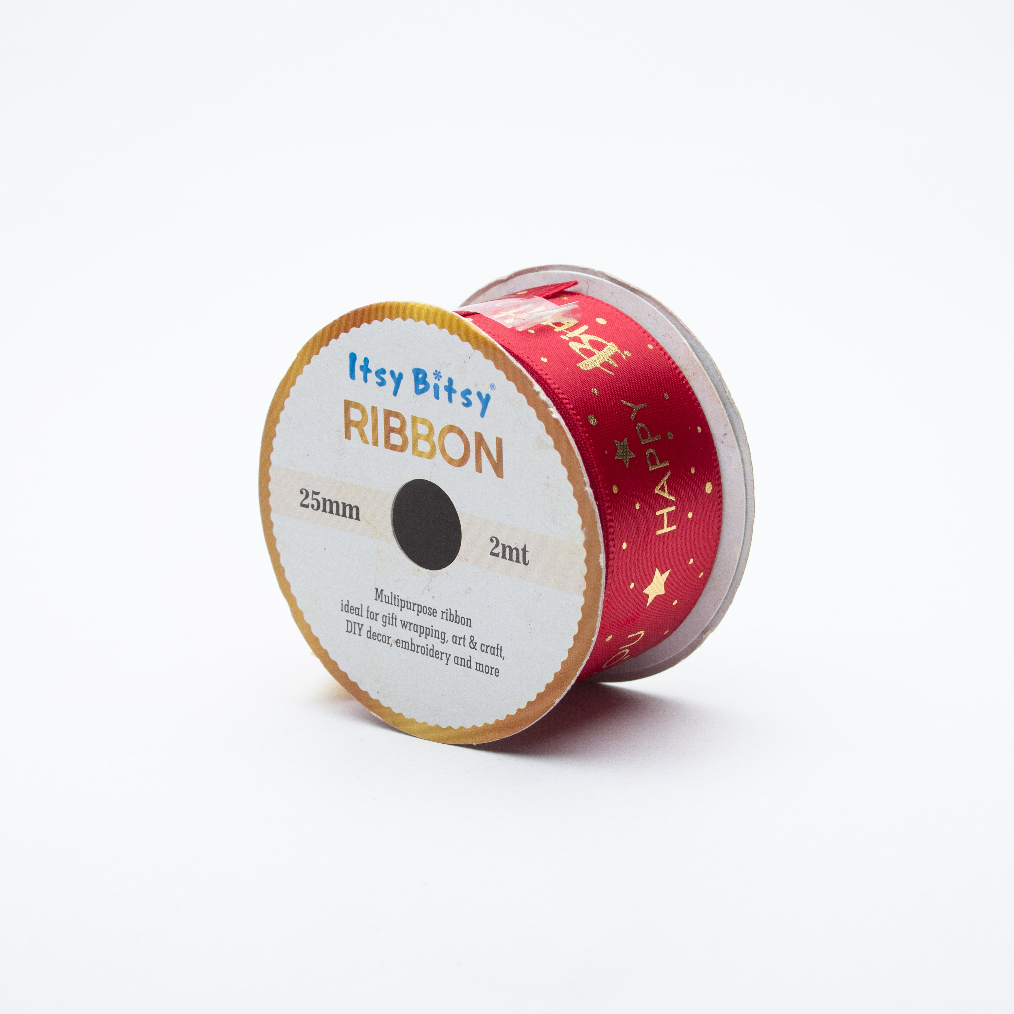 Happy Birthday Gold Printed Red Ribbon 25mm 2mtr