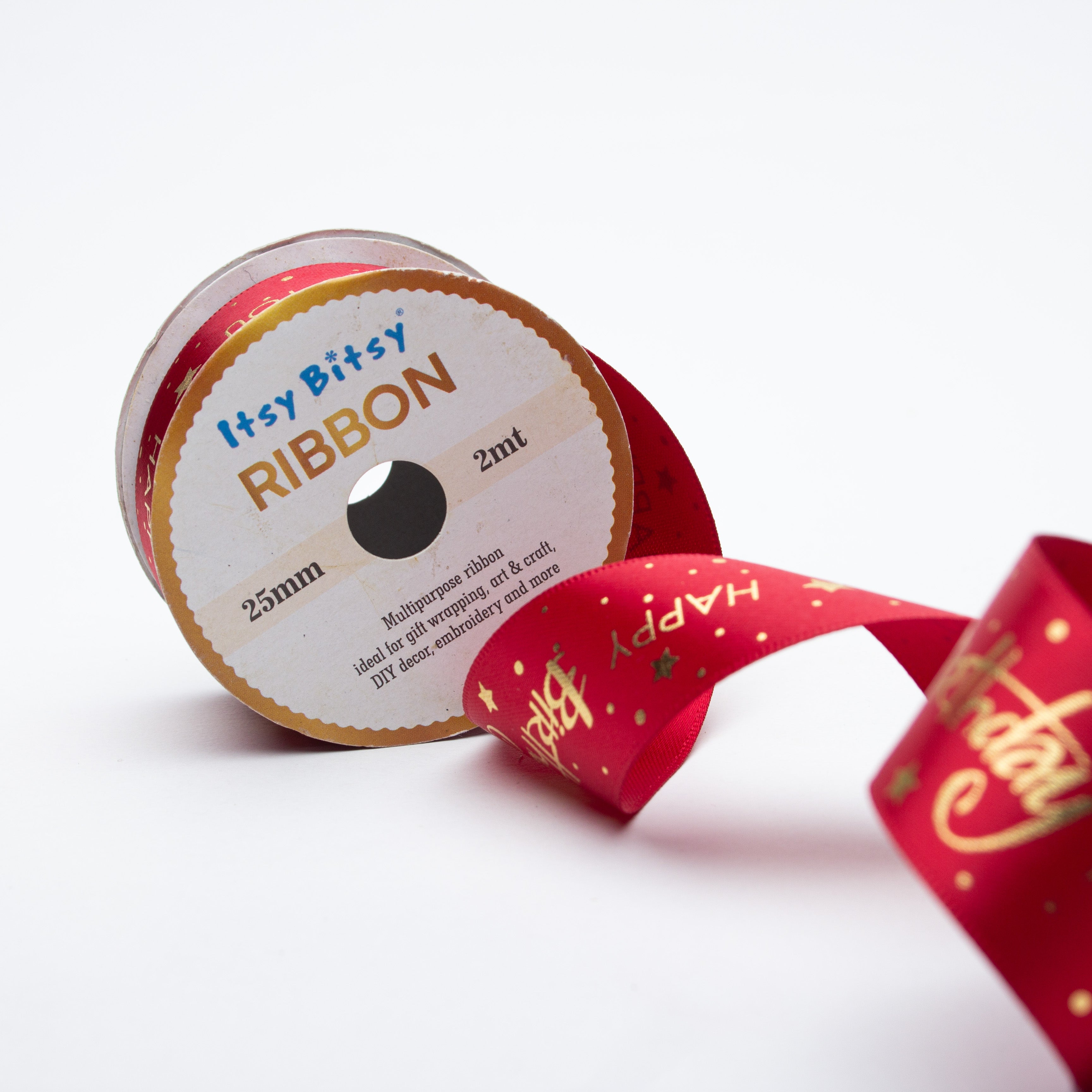 Happy Birthday Gold Printed Red Ribbon 25mm 2mtr