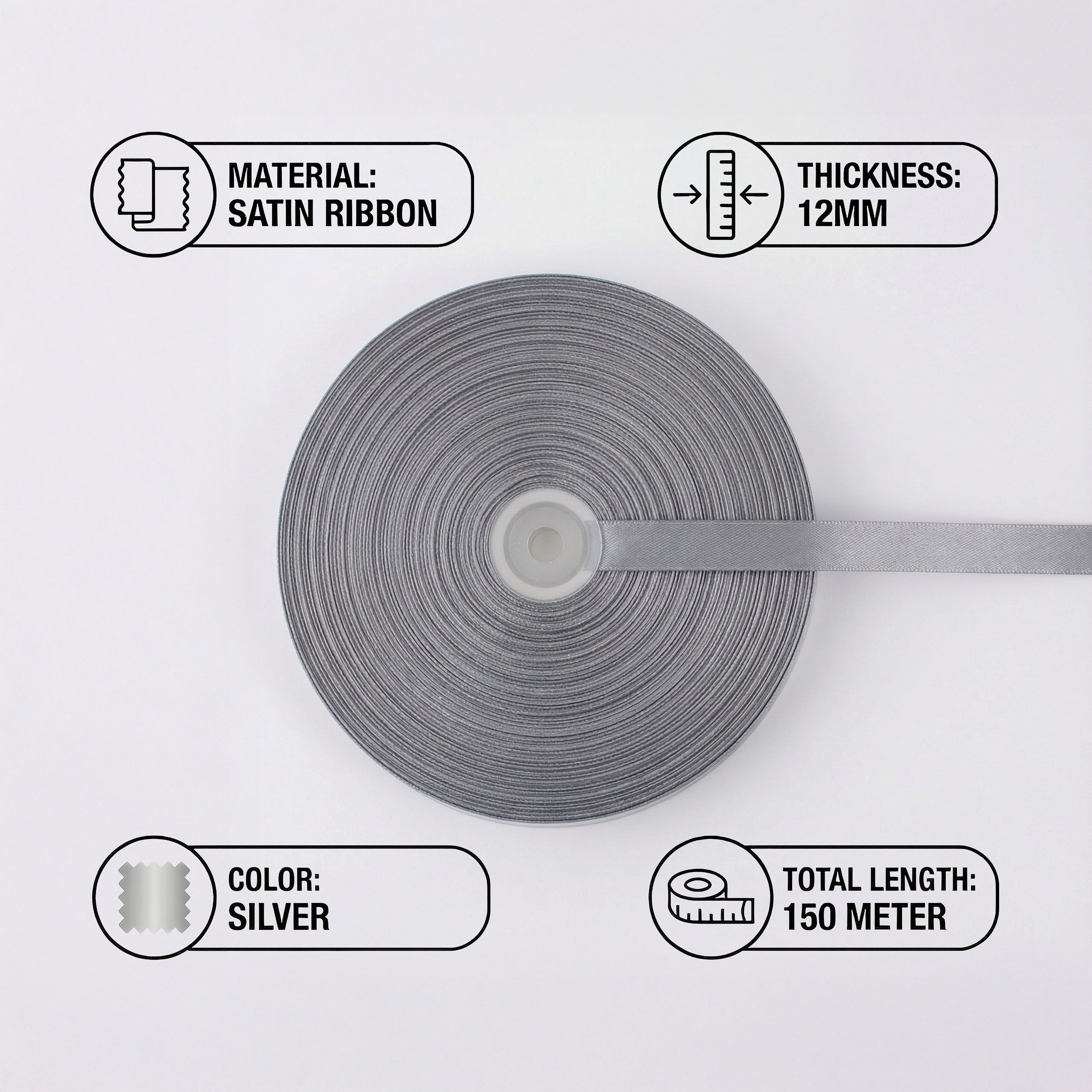 Satin Ribbon 12Mm 150Mtr  Silver