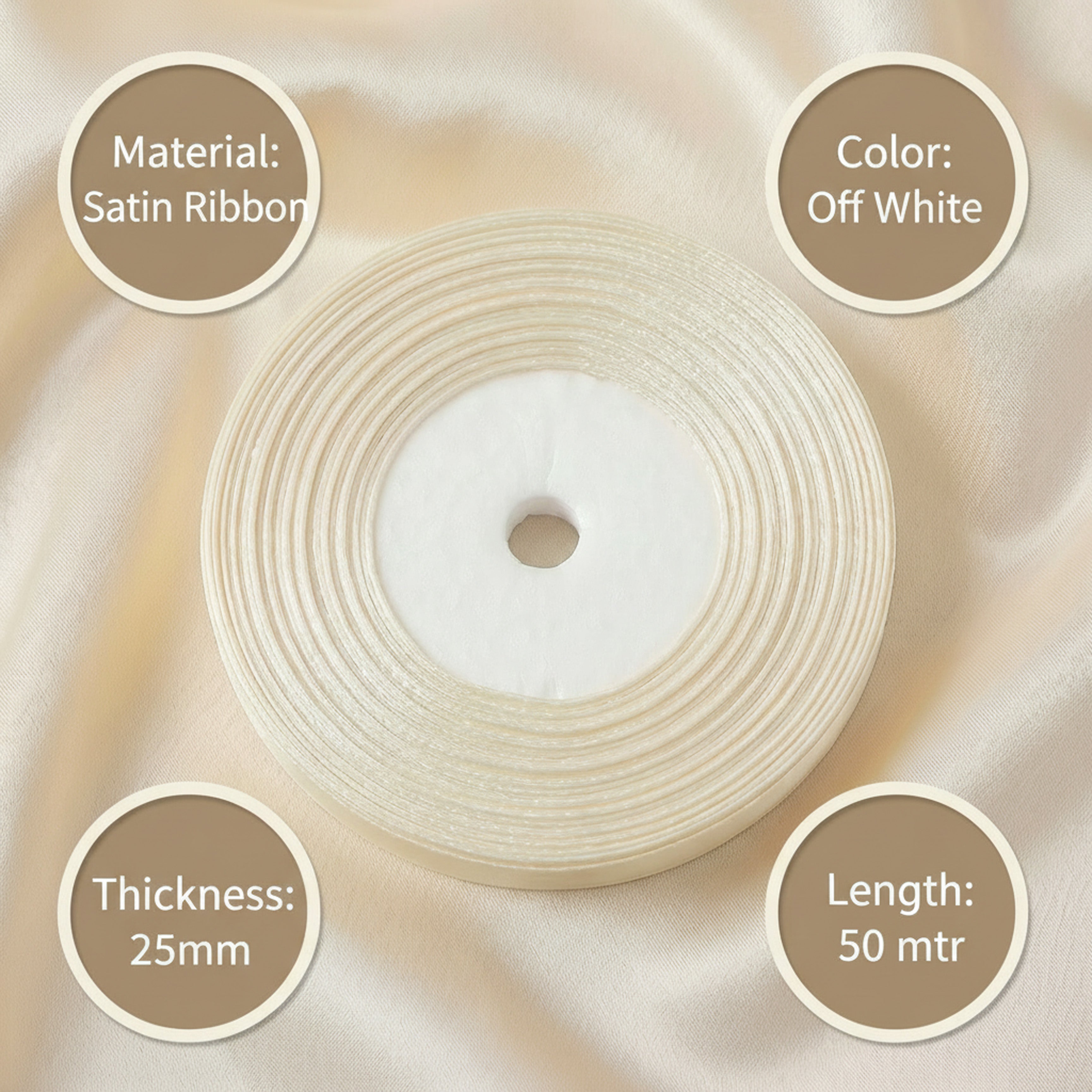 Satin Ribbon 25Mm 50Mtr Off White