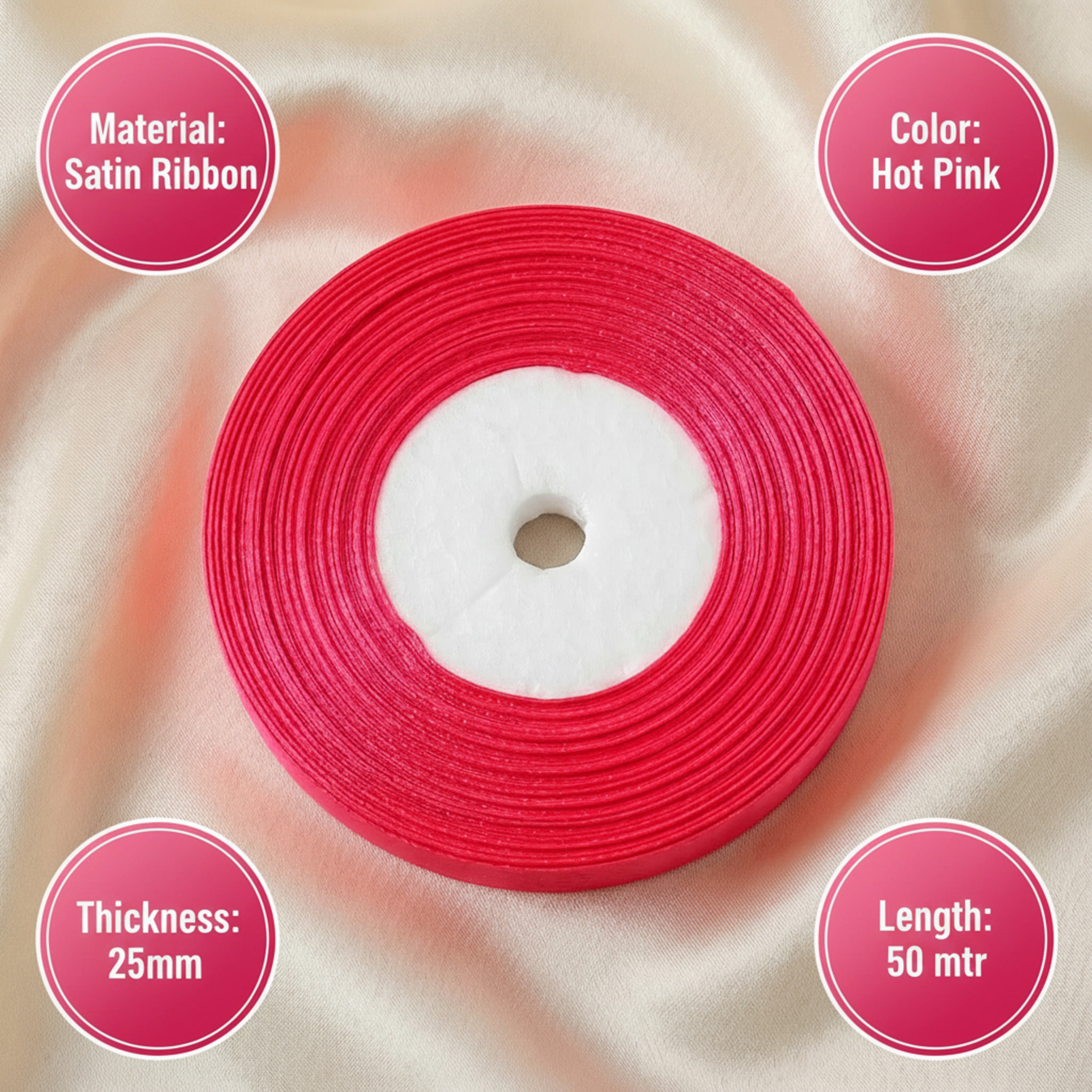 Satin Ribbon 25Mm 50Mtr Hot Pink