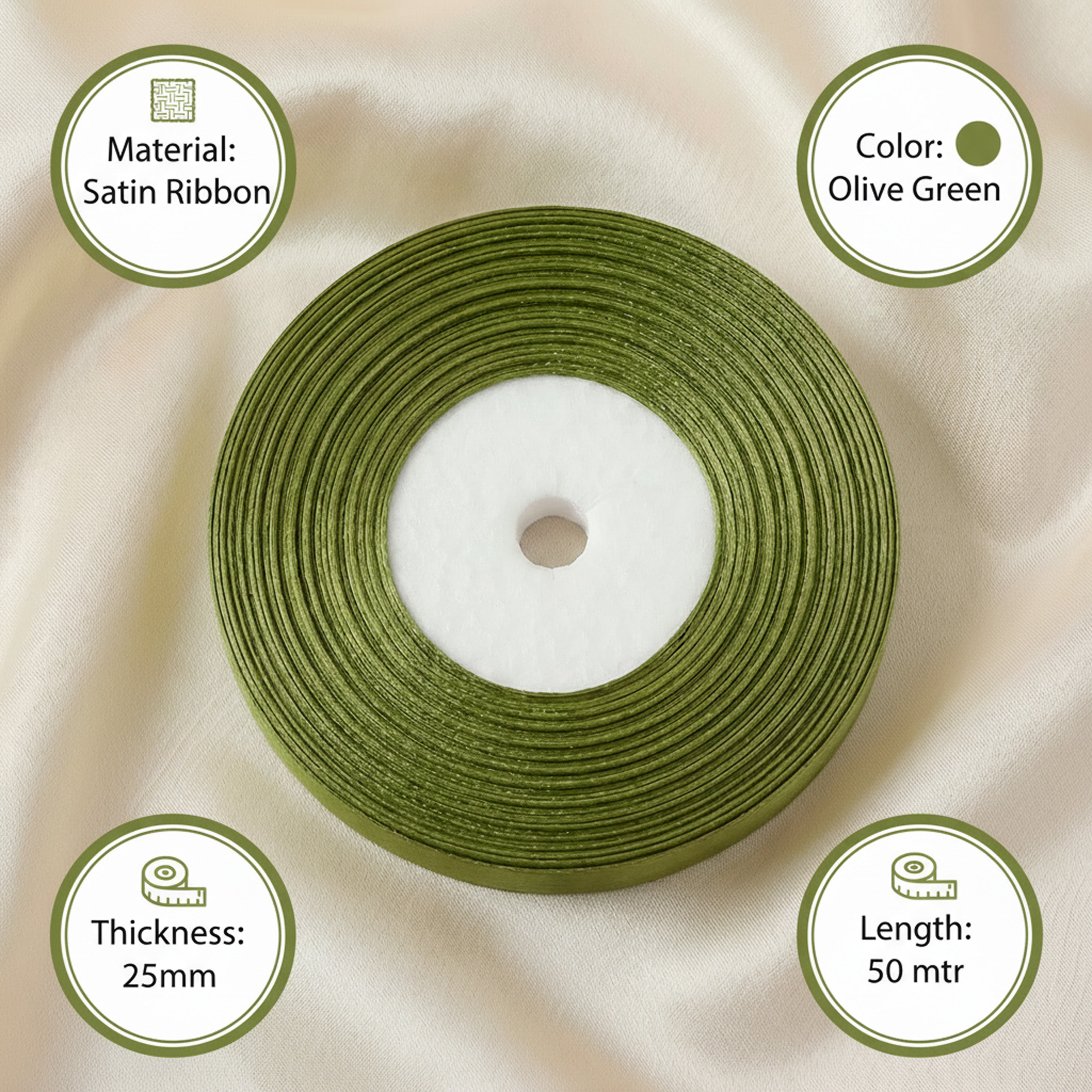 Satin Ribbon 25Mm 50Mtr Olive Green