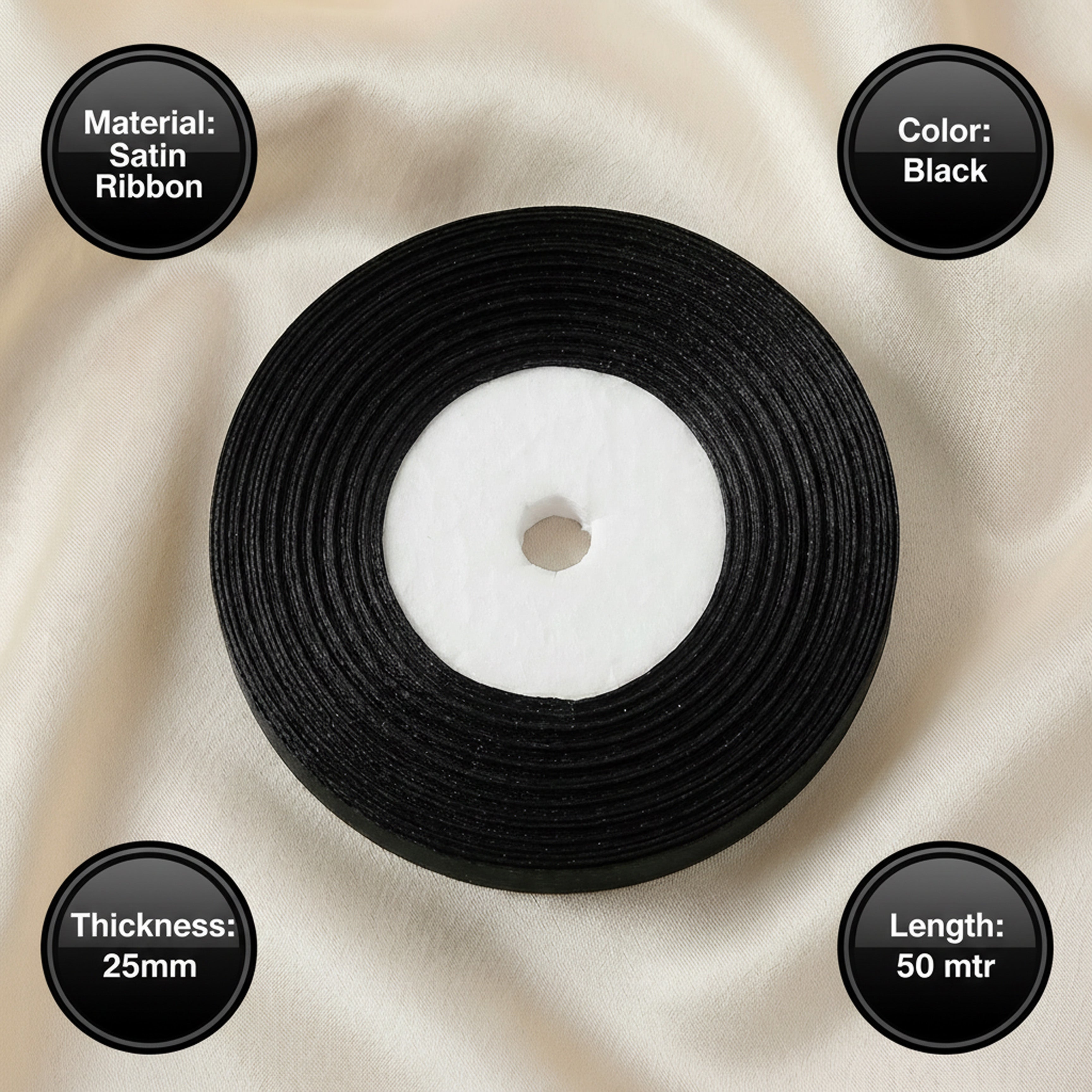 Satin Ribbon 25Mm 50Mtr Black