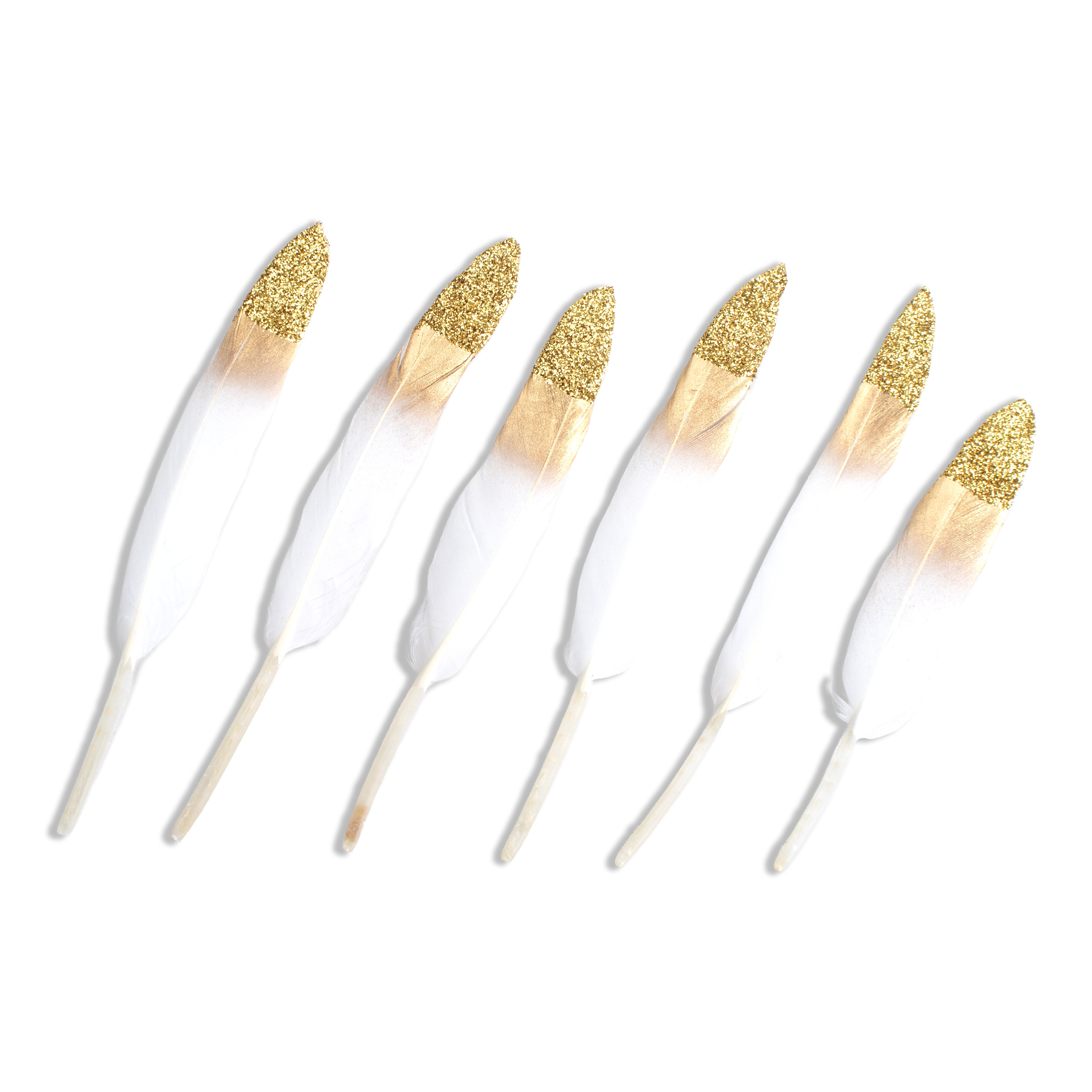 Goose Feathers with Glitter Tip Snow Gold 10 to 15cm 6pc