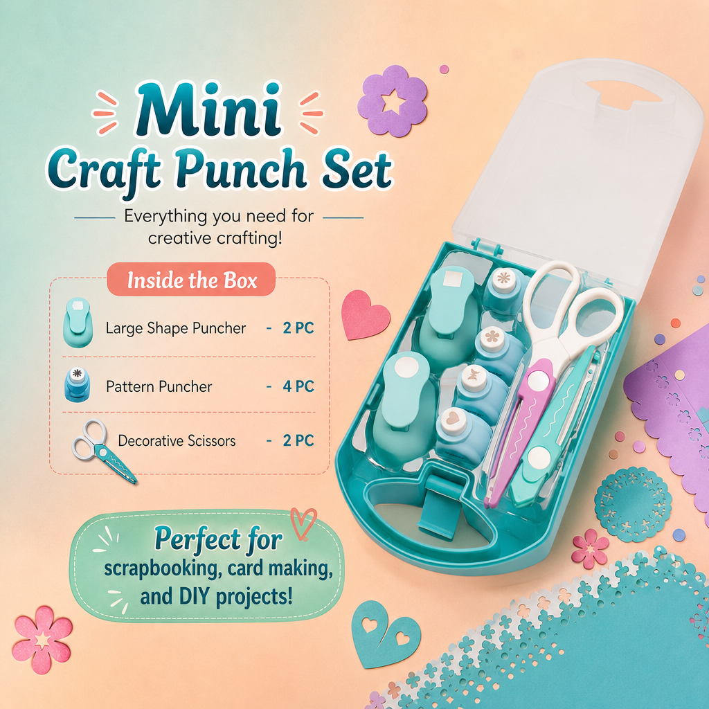 Multi Punch Craft Kit 8pc Set Four x 10mm punches Two x 16mm punches 2pc Decorative edge scissors in Organizer Box IB