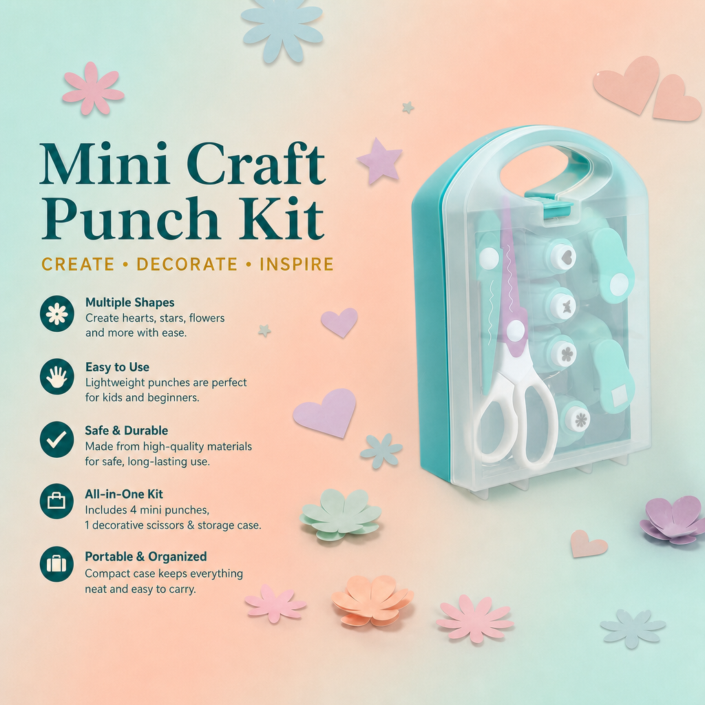 Multi Punch Craft Kit 8pc Set Four x 10mm punches Two x 16mm punches 2pc Decorative edge scissors in Organizer Box IB