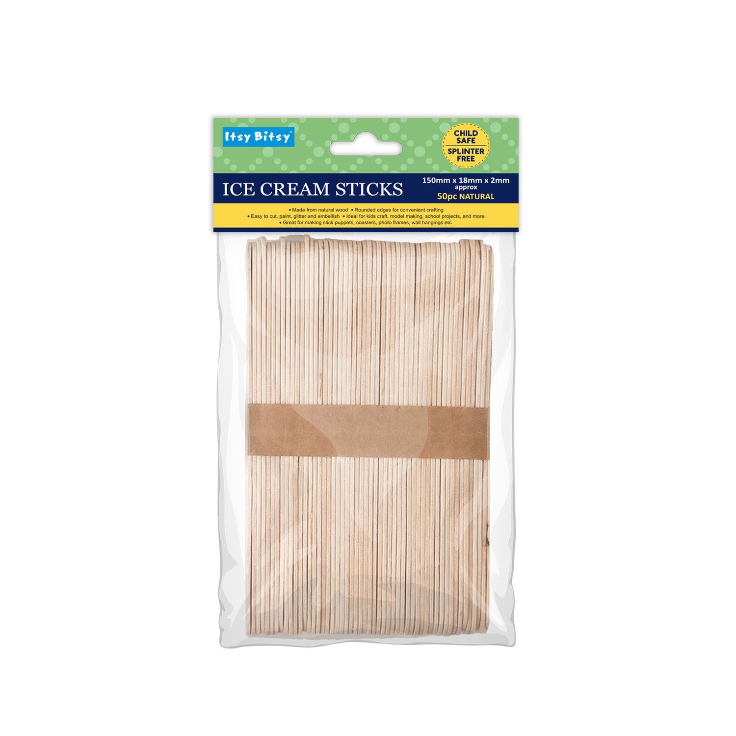 Ice Cream Sticks Natural 150 x 18 x 2mm 50pc