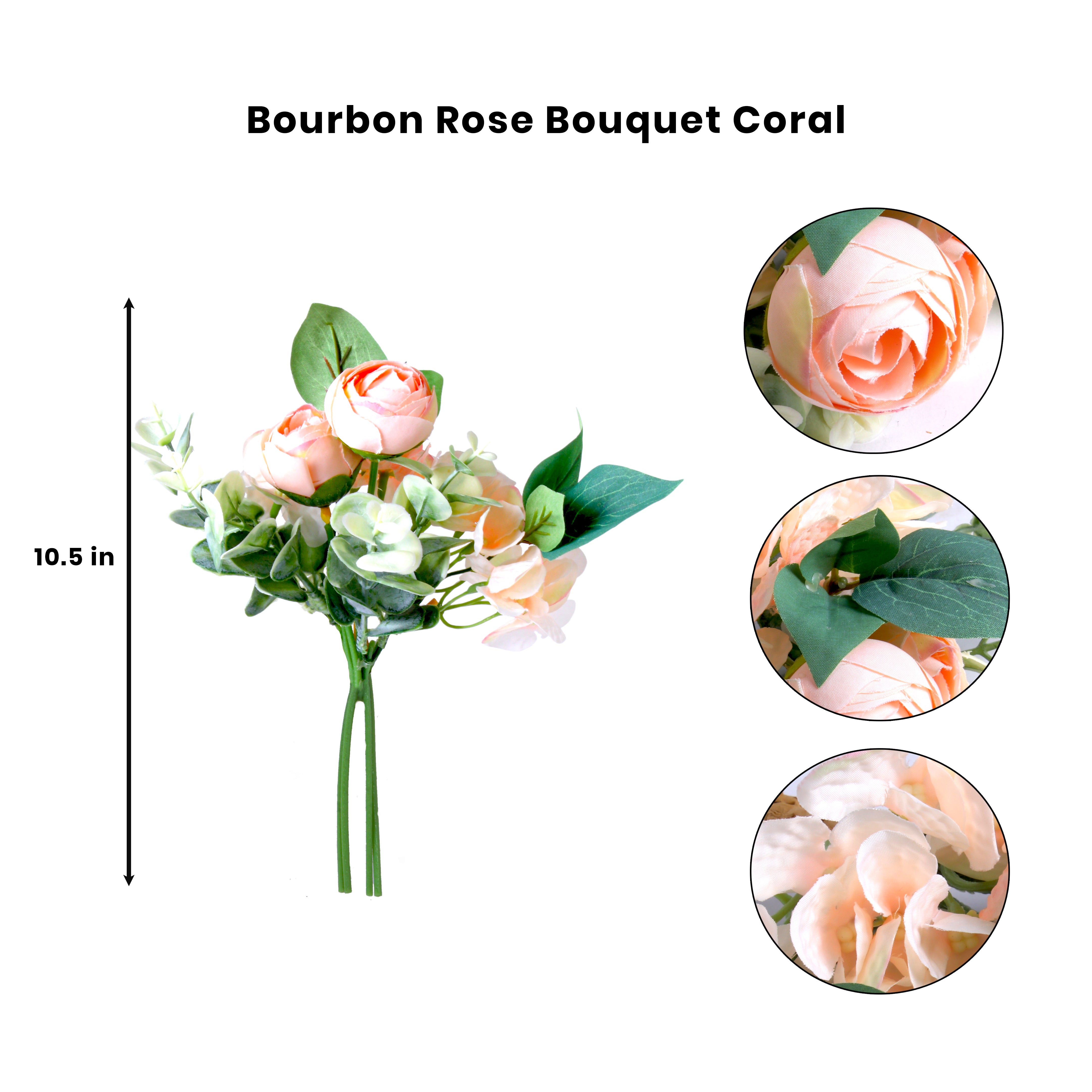 Artificial Flower Bourbon Rose Bouquet Coral 10.5Inch