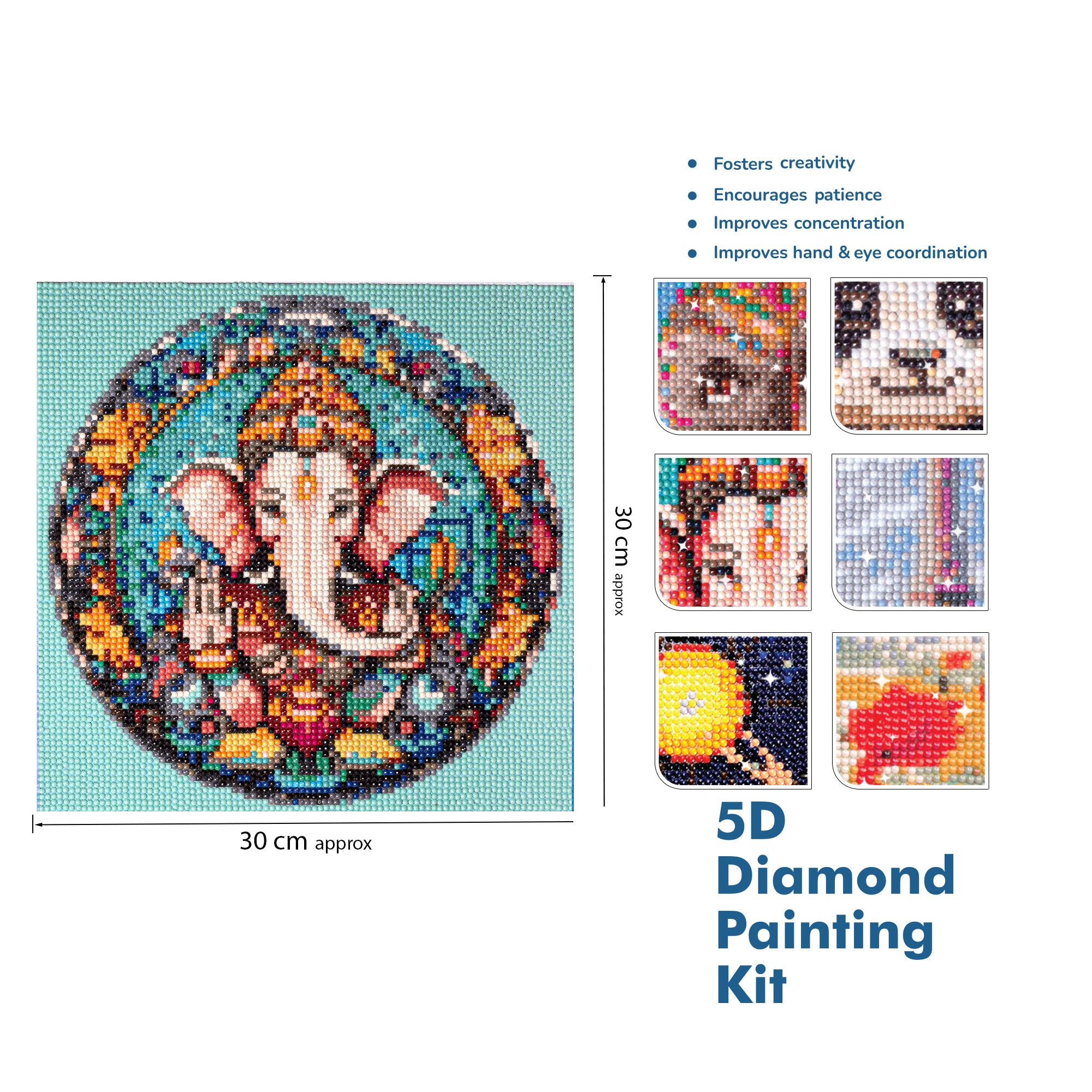 (30 X 30 cm) - 5D Diamond Painting - Shree Ganesha + Matching Frame Combo