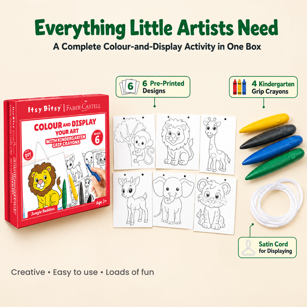 DIY Colour and Display Your Art With 6 Printed Designs & Kindergarten Grip Crayons Jungle Buddies