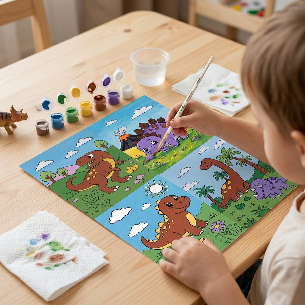 DIY Paint By Numbers - Dinosaur Land, Set of 4 Designs With Paints and Brush, 5.83 X 8.27inch