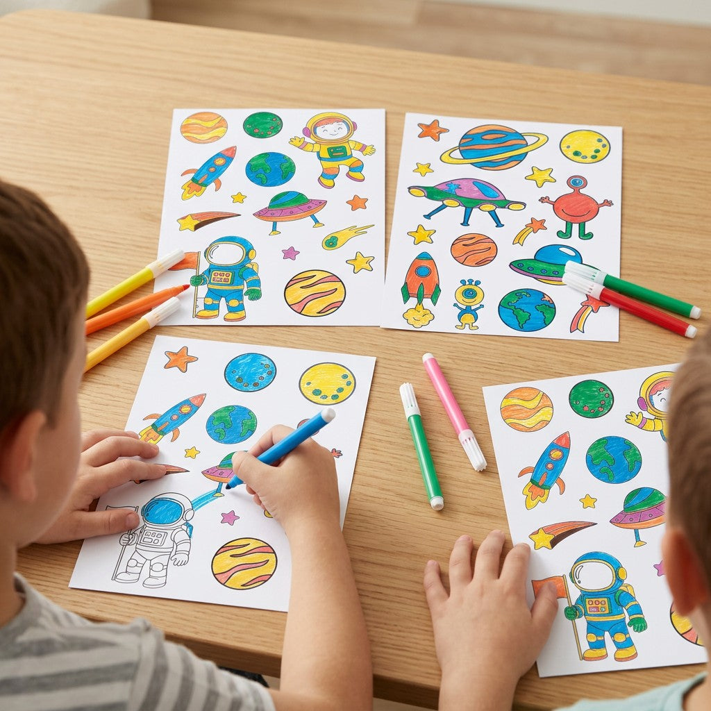 DIY Colour Your Own Sticker Sheets - Space Explorer, 2 Designs X 2 Sheets