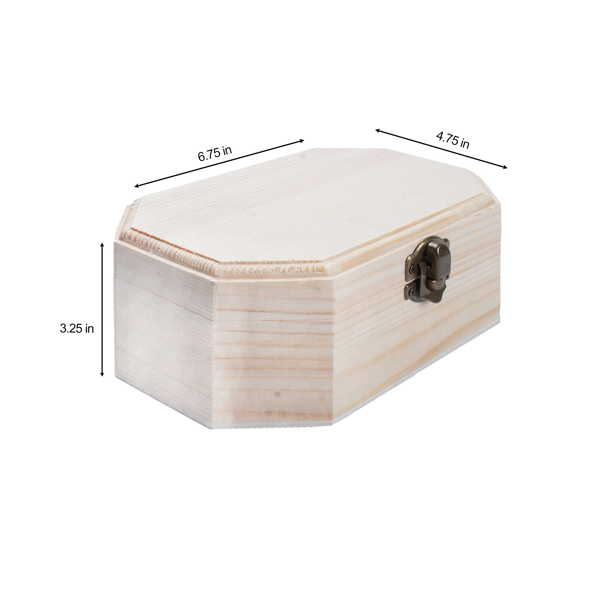 Pinewood Box with Metal Latch Octagonal L6.75 x W4.75 x H3.25 1pc