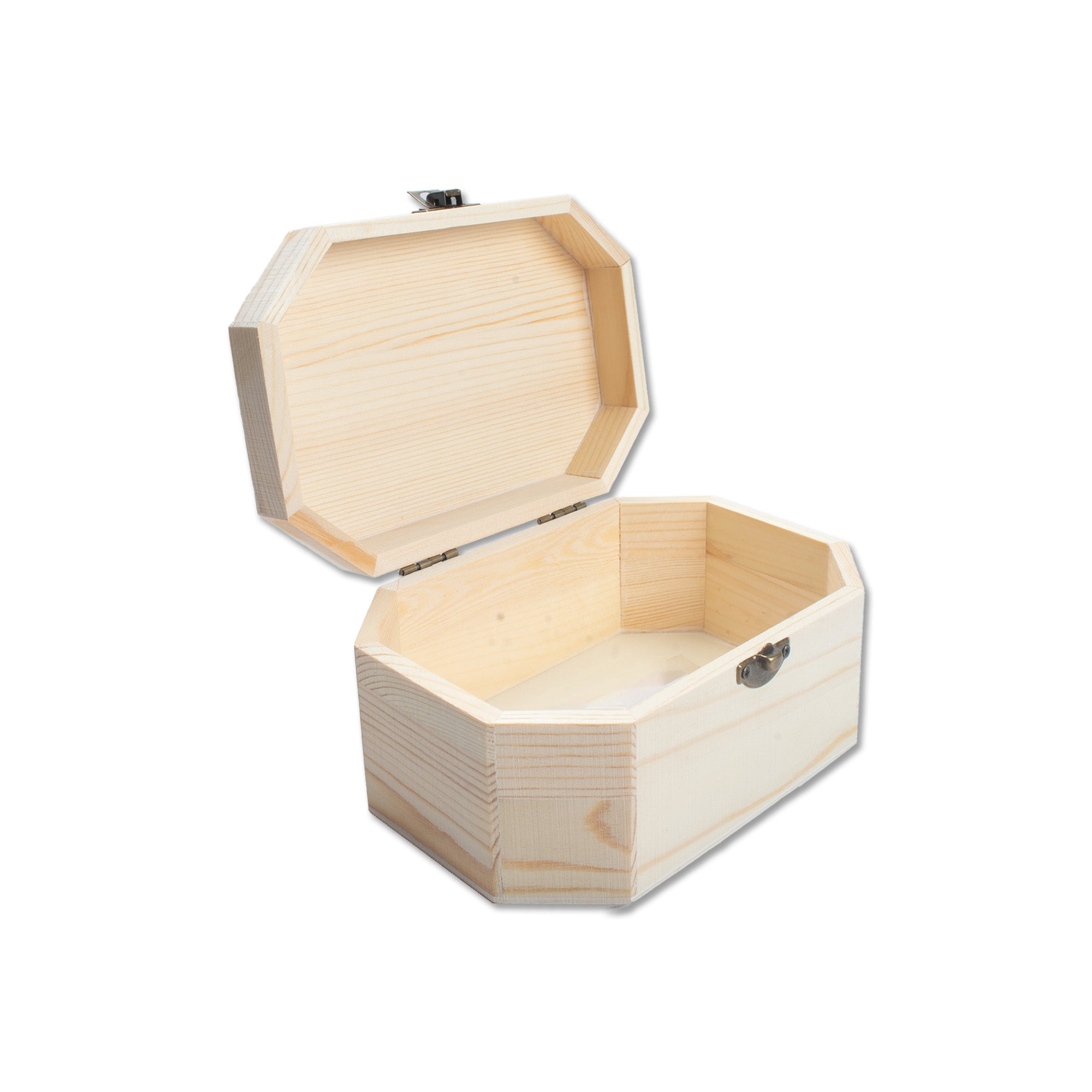 Pinewood Box with Metal Latch Octagonal L5.8 x W3.75 x H2.6 1pc