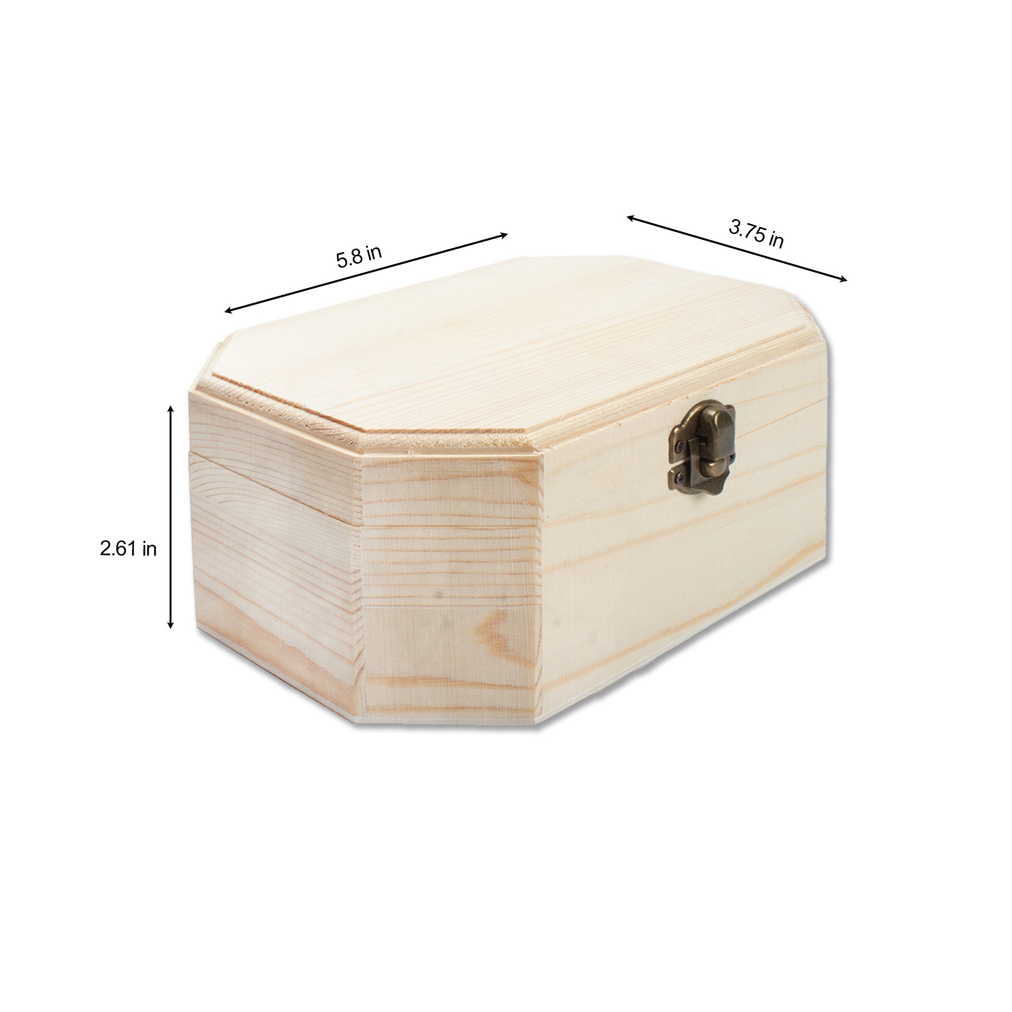 Pinewood Box with Metal Latch Octagonal L5.8 x W3.75 x H2.6 1pc