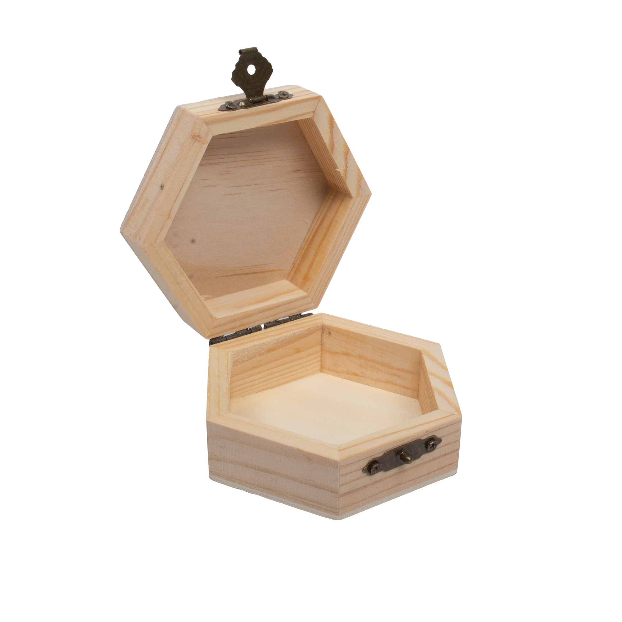 Pinewood Box with Metal Latch Hexagonal L3.5 x W3.6 x H1.5 1pc