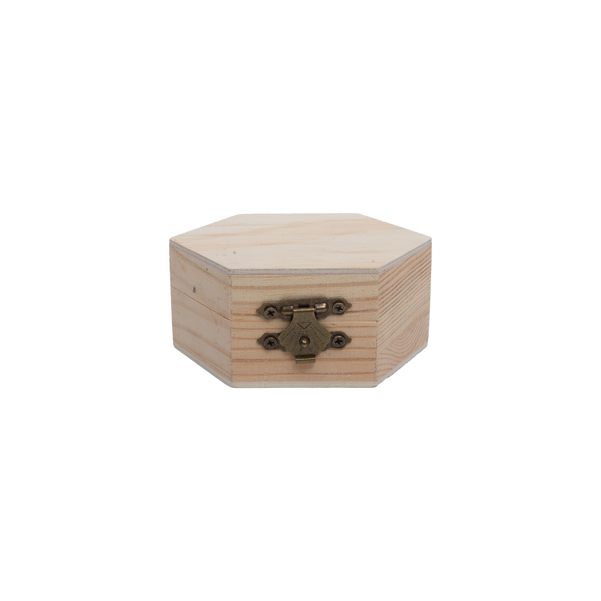 Pinewood Box with Metal Latch Hexagonal L3.5 x W3.6 x H1.5 1pc