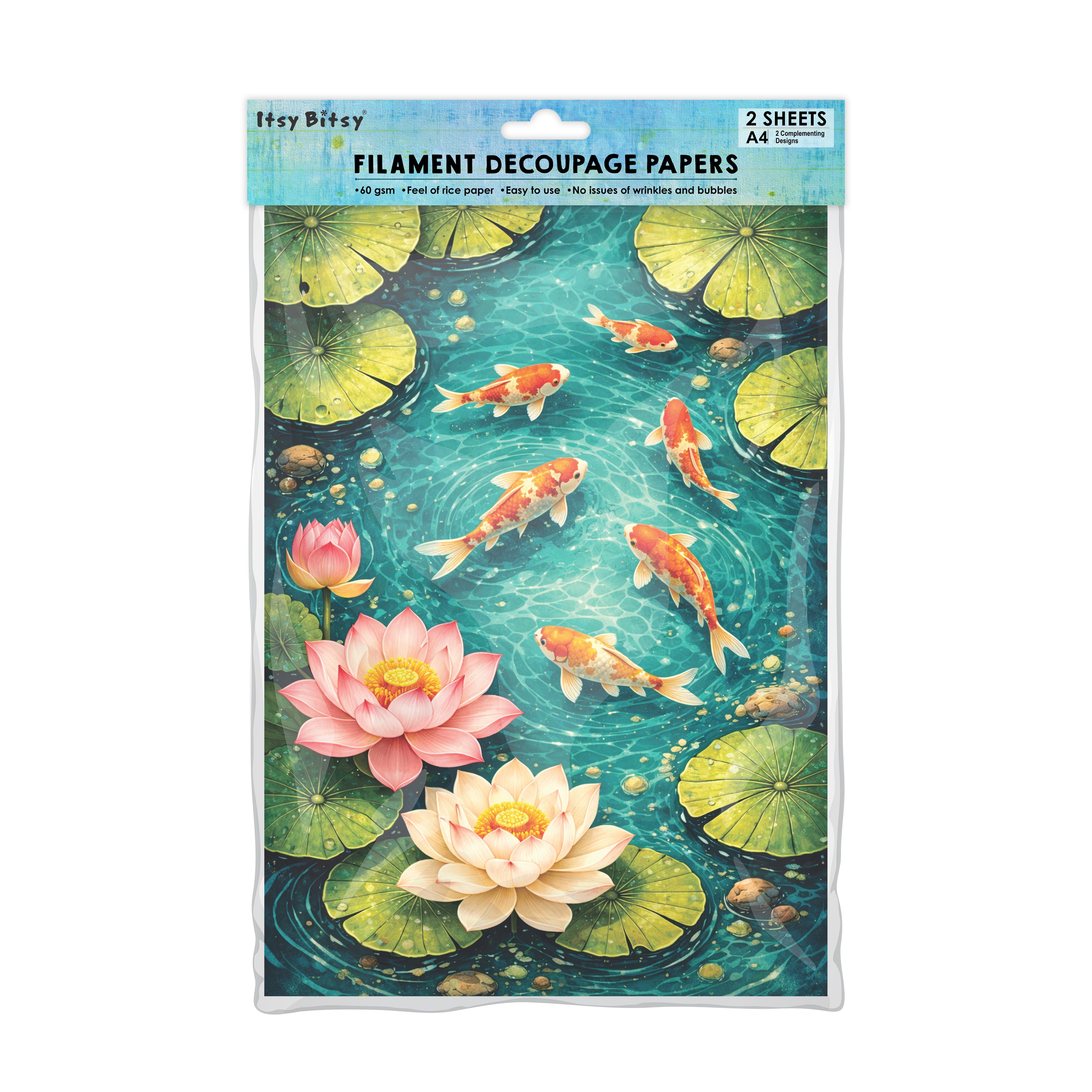 Filament Decoupage Paper Koi Pond 2 Designs 60GSM A4 2 Sheets