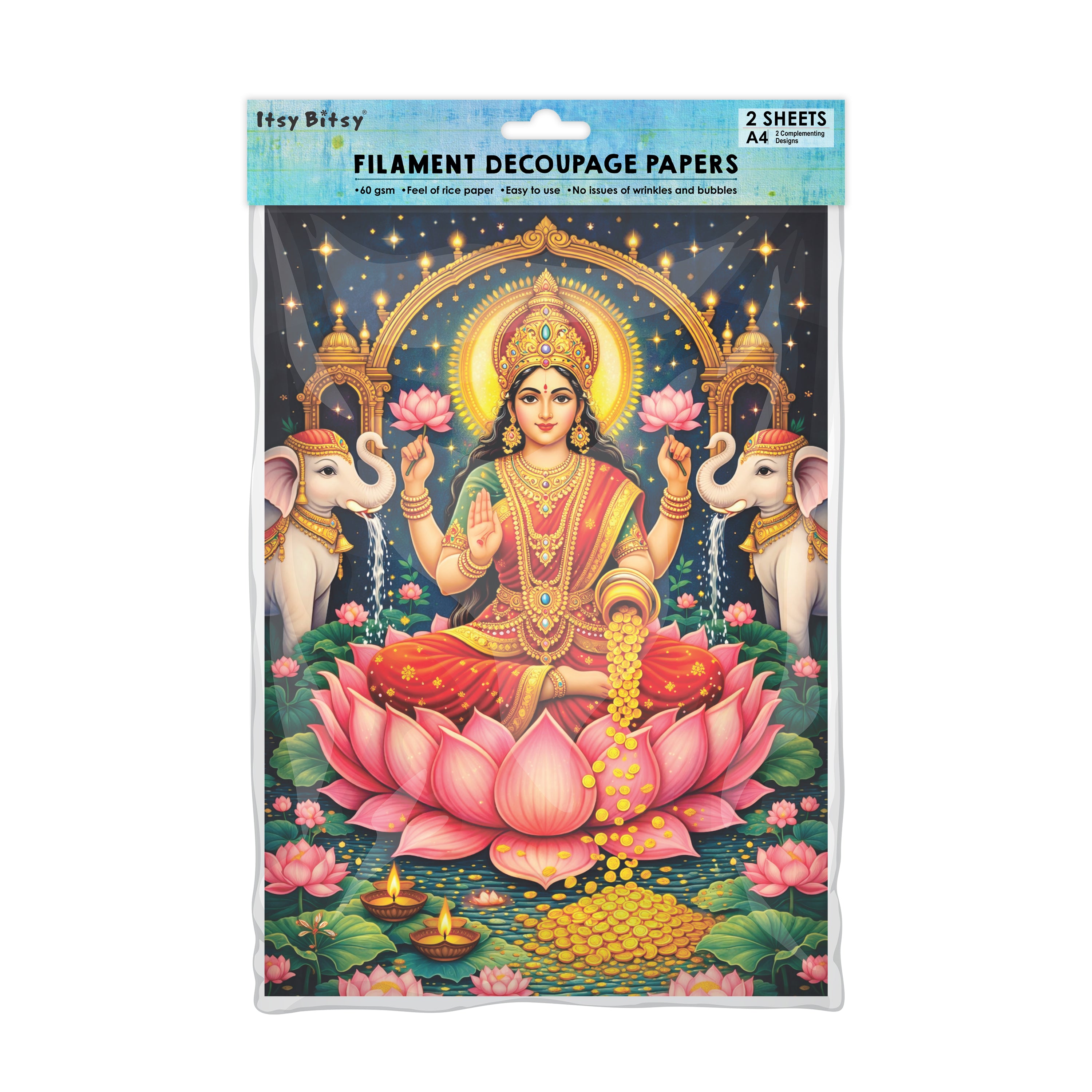 Filament Decoupage Paper Divine Lakshmi 2 Designs 60GSM A4 2 Sheets