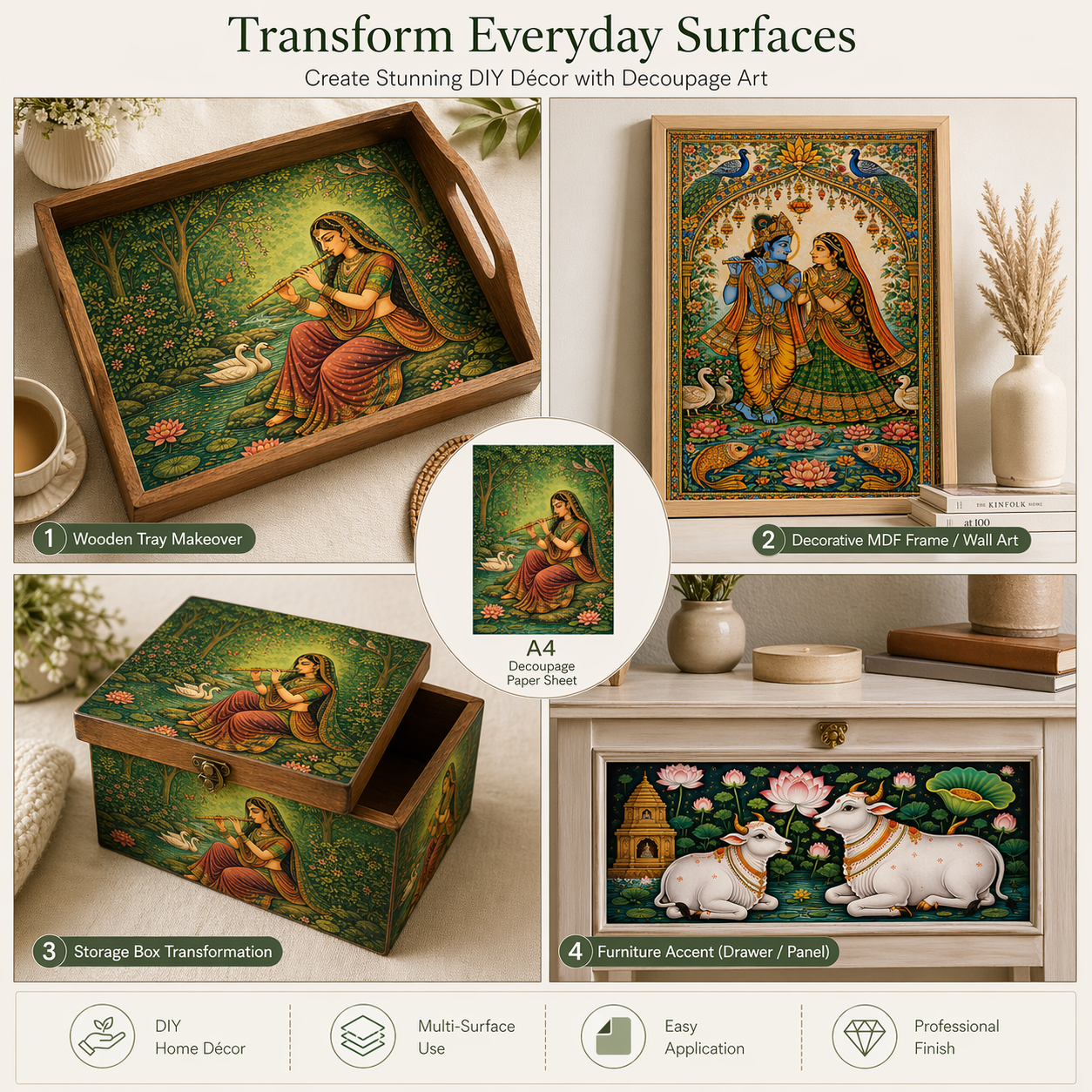 Filament Decoupage Paper Divine Lakshmi 2 Designs 60GSM A4 2 Sheets