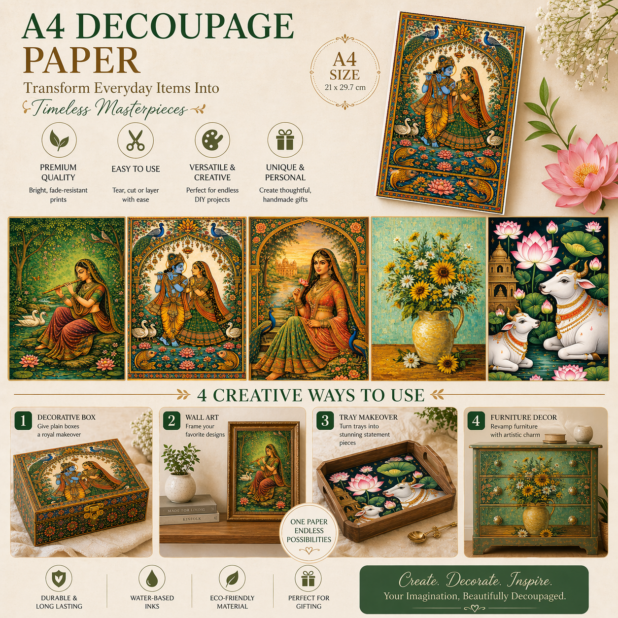 Filament Decoupage Paper Divine Lakshmi 2 Designs 60GSM A4 2 Sheets