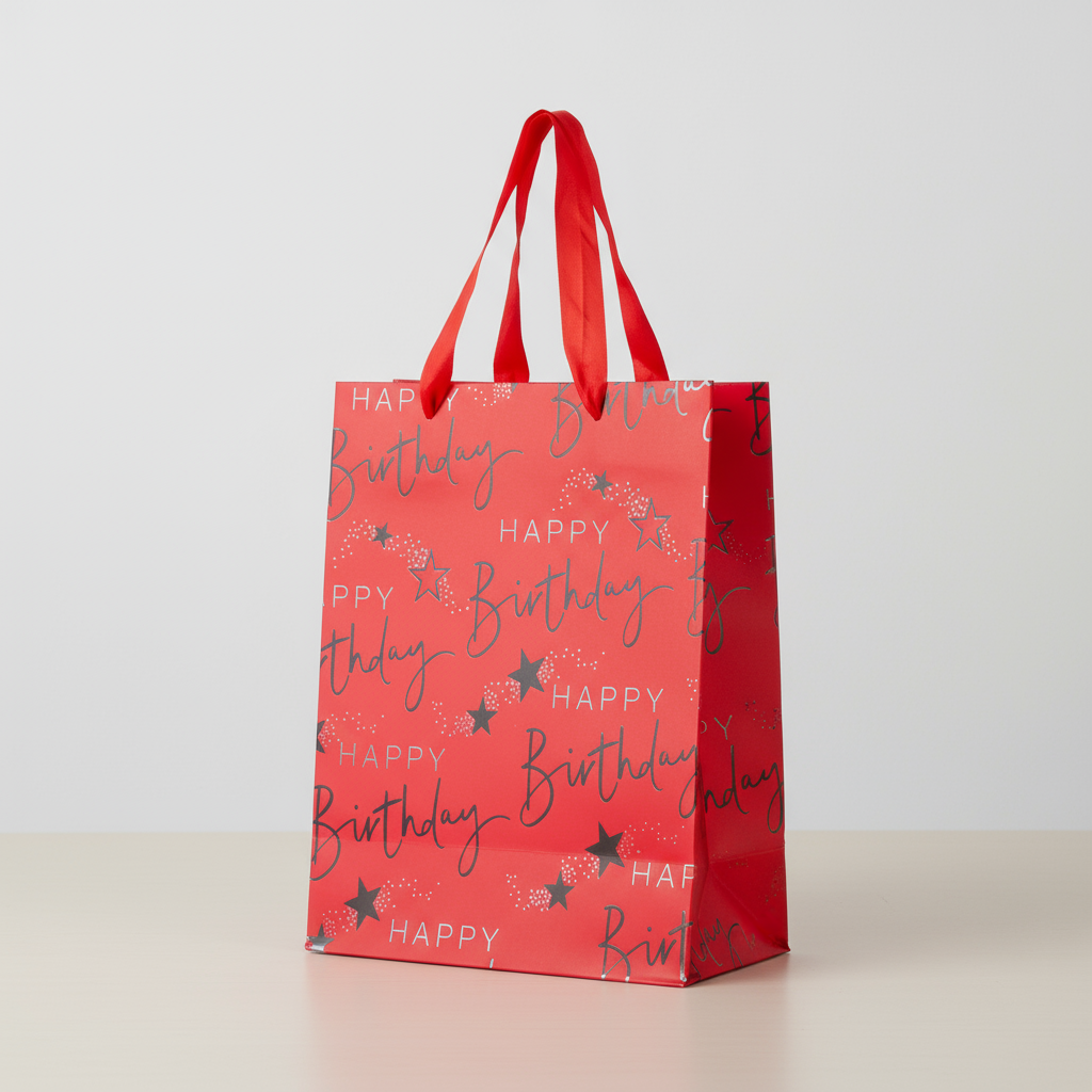 Paper Gift Bag Happy Birthday Red and Silver 18 X 23 X 10cm 1pc