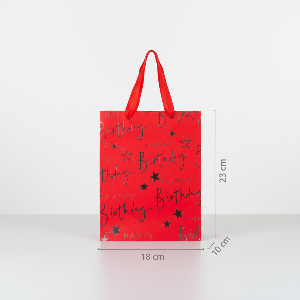 Paper Gift Bag Happy Birthday Red and Silver 18 X 23 X 10cm 1pc