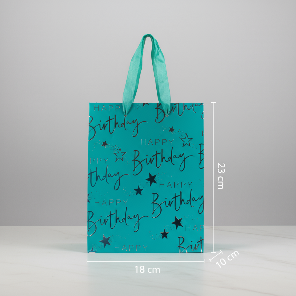 Paper Gift Bag Happy Birthday Blue and Silver 18 X 23 X 10cm 1pc