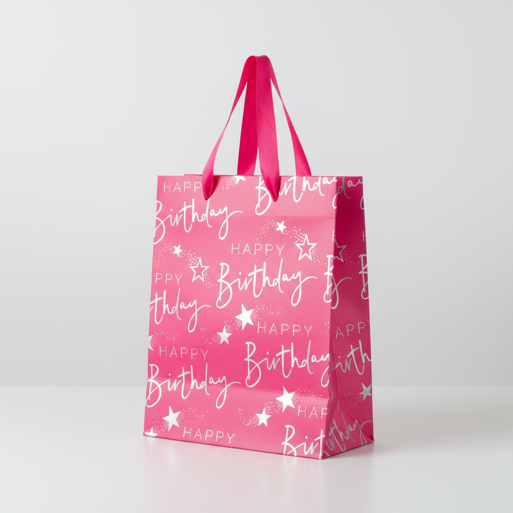Paper Gift Bag Happy Birthday Pink and silver 18 X 23 X 10cm 1pc