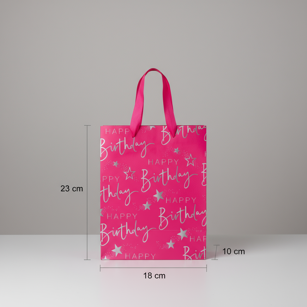 Paper Gift Bag Happy Birthday Pink and silver 18 X 23 X 10cm 1pc