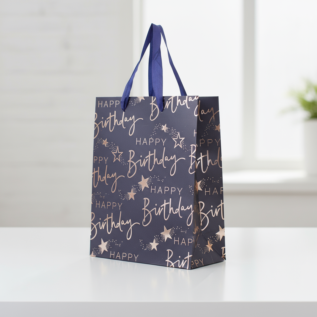 Paper Gift Bag Happy Birthday Navy Blue and Silver 18 X 23 X 10cm 1pc