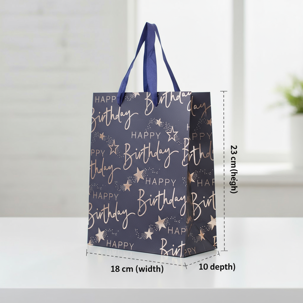 Paper Gift Bag Happy Birthday Navy Blue and Silver 18 X 23 X 10cm 1pc