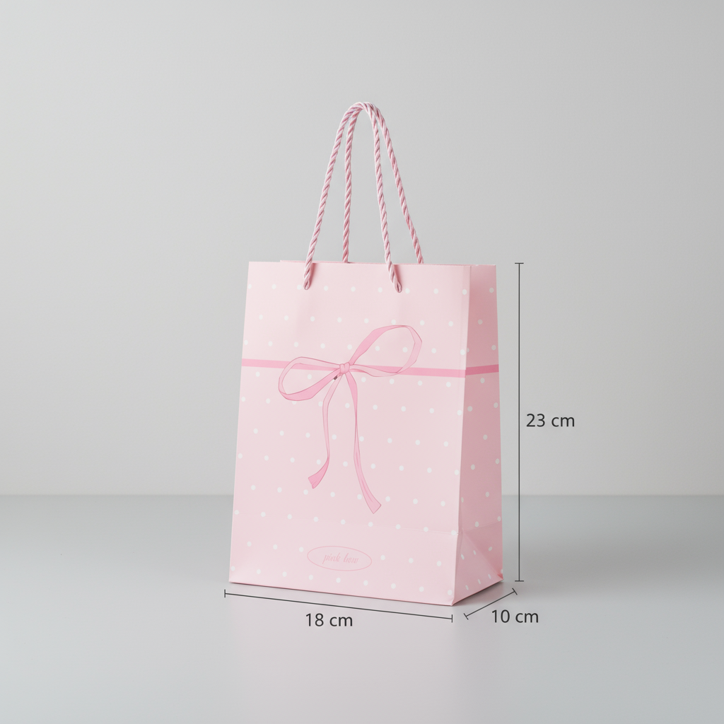 Paper Gift Bag White Dot with Pink Bow 23 X 18 X 10cm 1pc