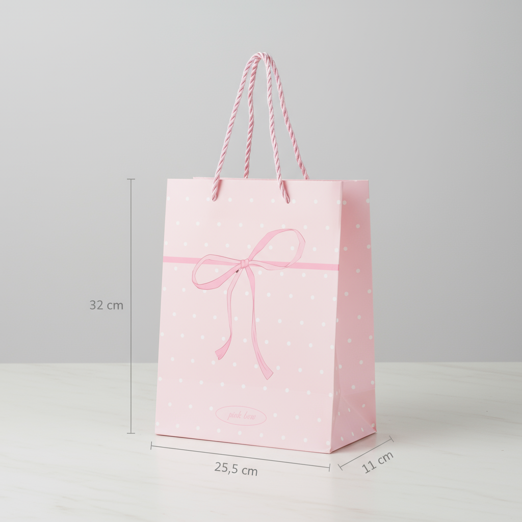 Paper Gift Bag White Dot with Pink Bow 32 X 26 X 12cm 1pc