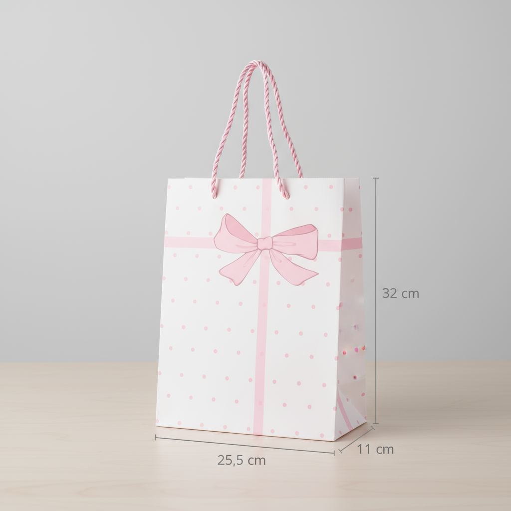 Paper Gift Bag Pink Dot with Pink Gift Bow 32 X 26 X 12cm 1pc
