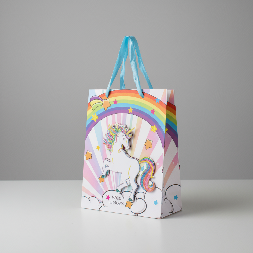 3D Glitter Paper Gift Bag Unicorn Rainbow 23 X 18 X 10cm 1pc