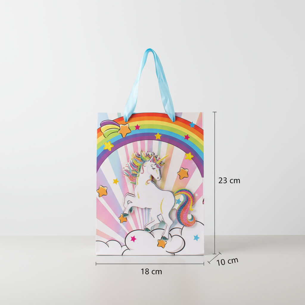 3D Glitter Paper Gift Bag Unicorn Rainbow 23 X 18 X 10cm 1pc