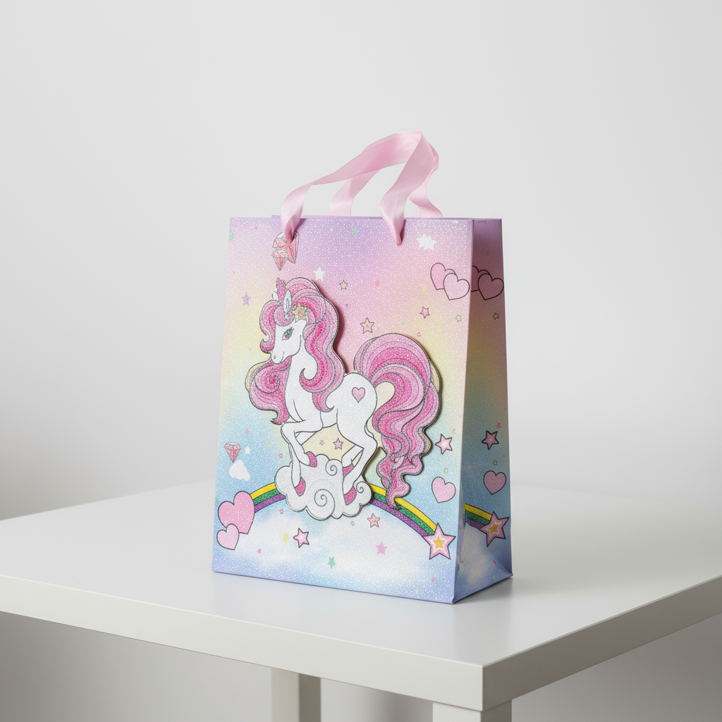 3D Glitter Paper Gift Bag Unicorn Magical Pink 23 X 18 X 10cm 1pc