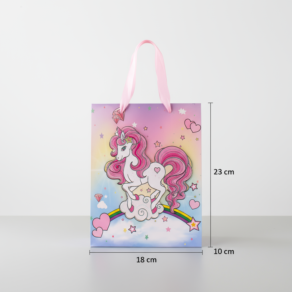 3D Glitter Paper Gift Bag Unicorn Magical Pink 23 X 18 X 10cm 1pc
