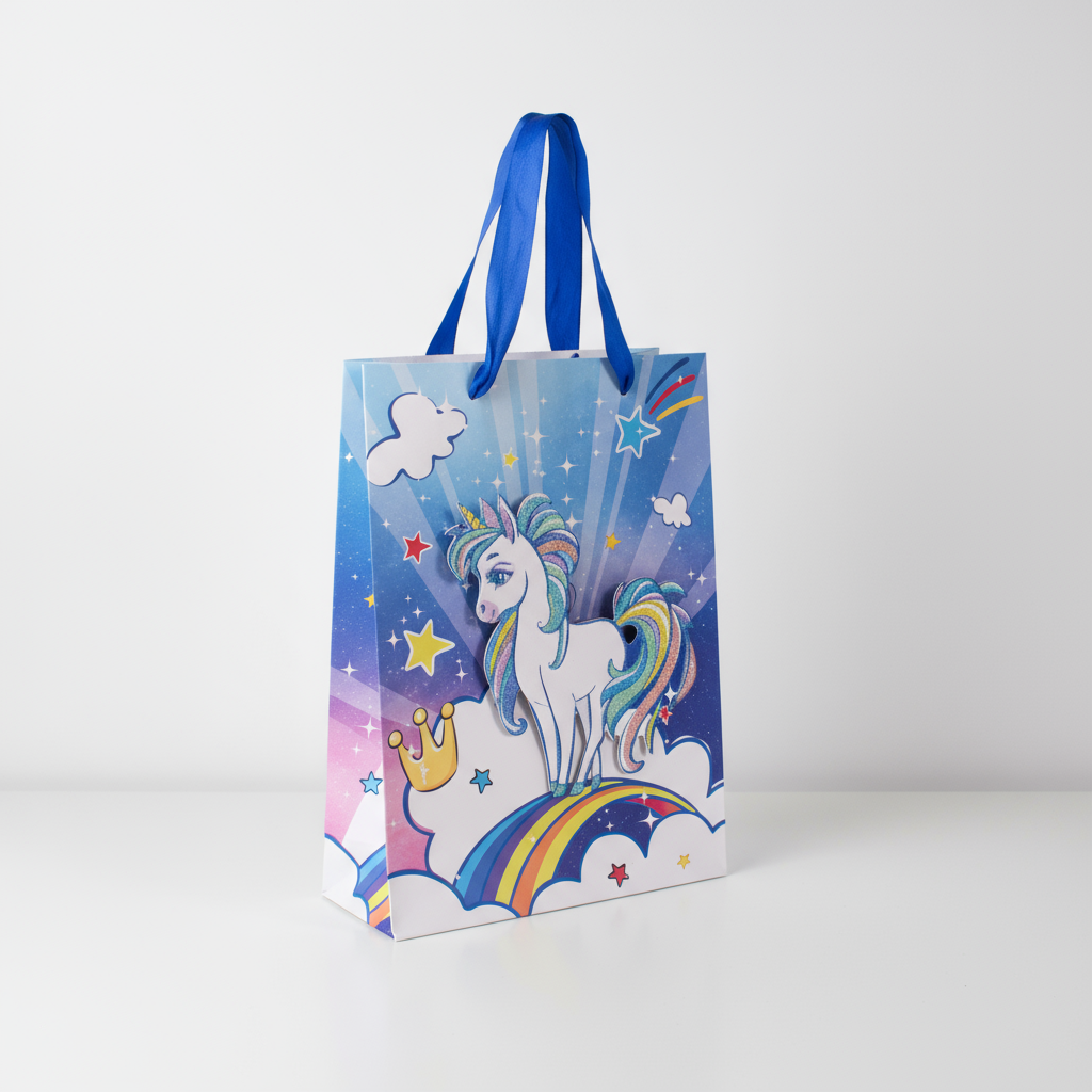 3D Glitter Paper Gift Bag Unicorn Magical Blue 23 X 18 X 10cm 1pc
