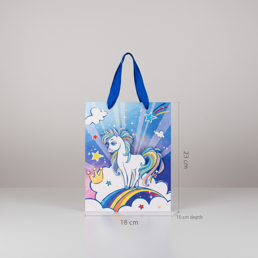 3D Glitter Paper Gift Bag Unicorn Magical Blue 23 X 18 X 10cm 1pc